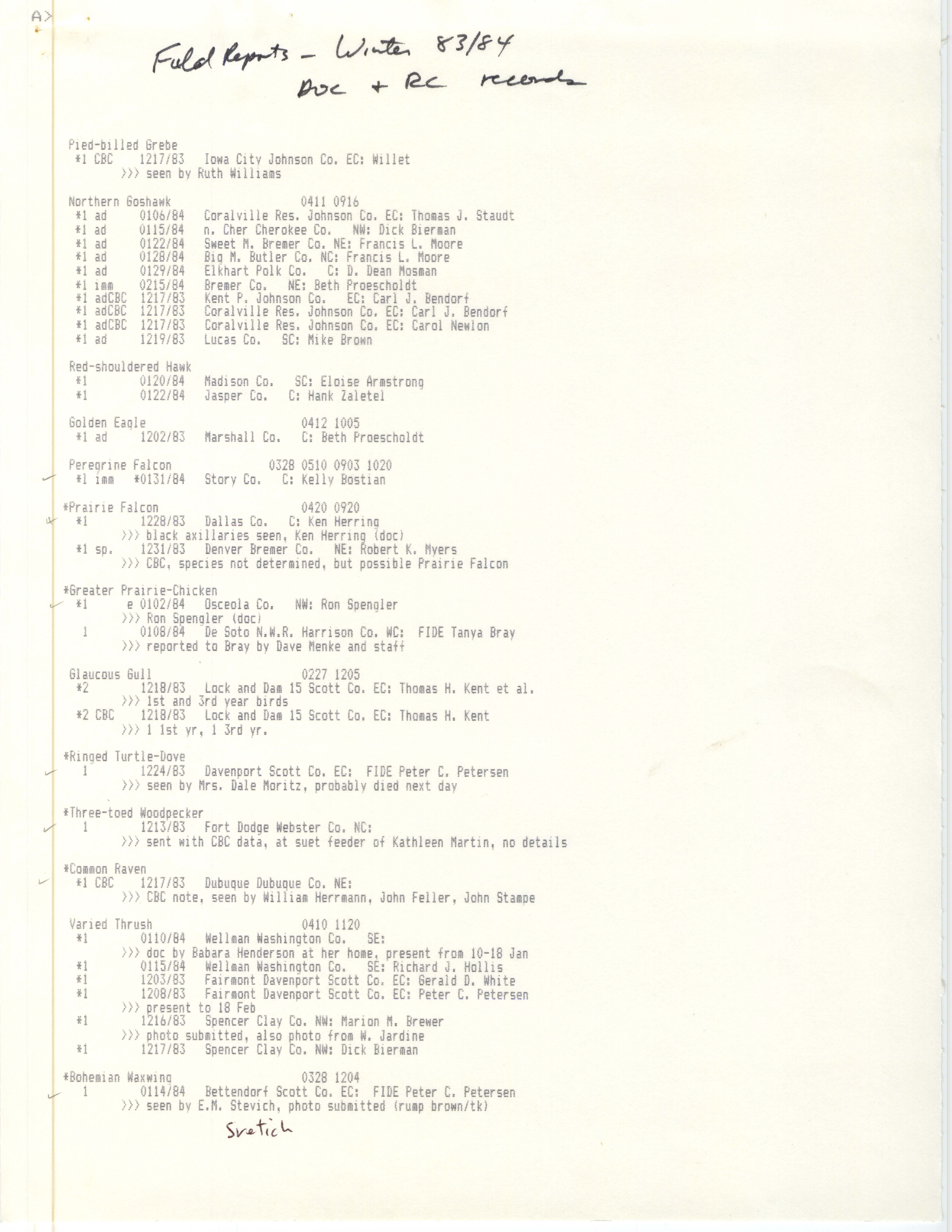 Field reports data, winter 1983-1984, DOC and RC records