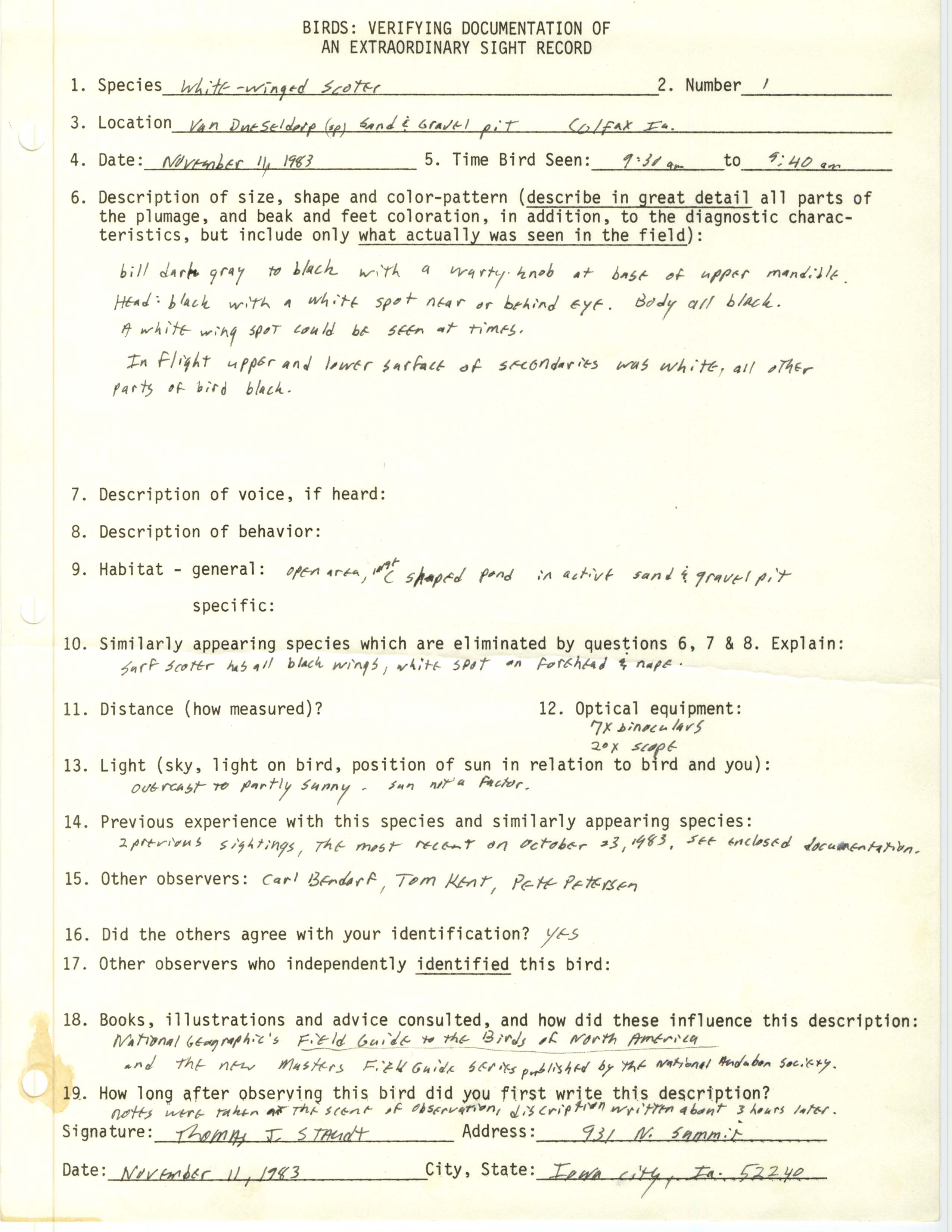Rare bird documentation form for White-winged Scoter at Van Dueseldorp Sand and Gravel Pit in Colfax, 1983