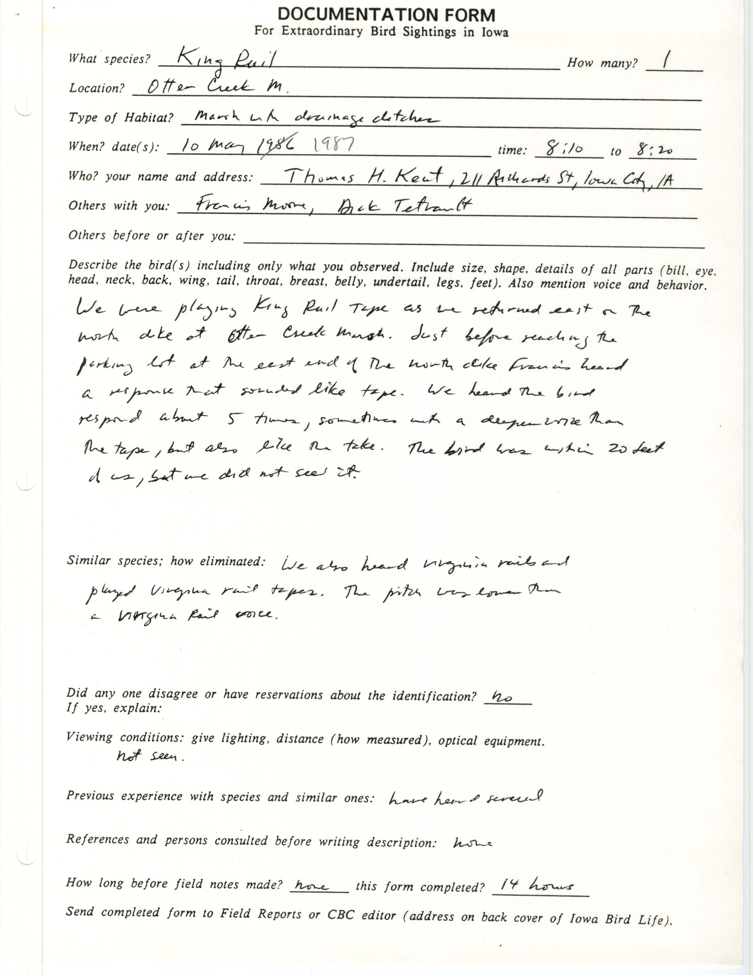 Rare bird documentation form for King Rail at Otter Creek Marsh, 1987