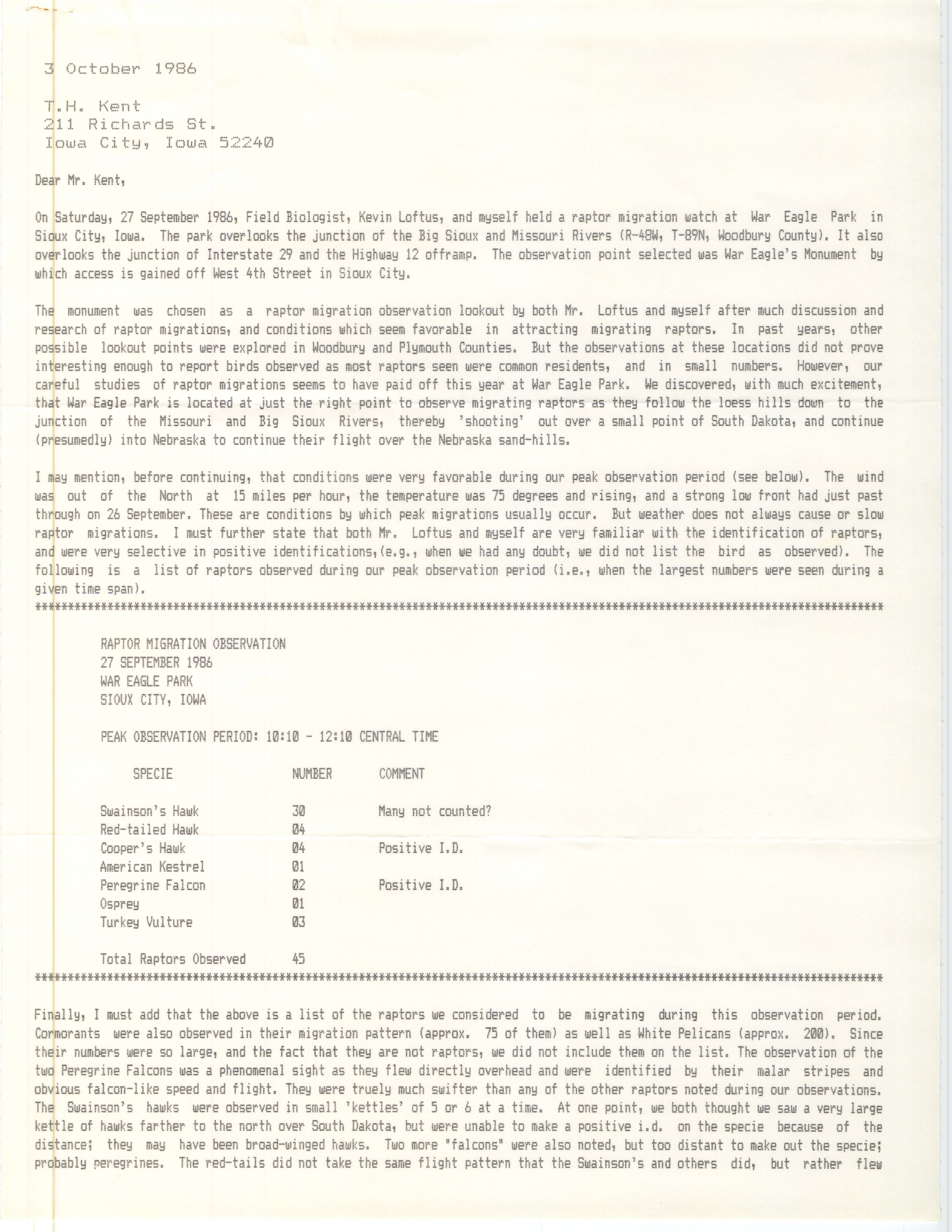 Douglas E. Trapp letter to Thomas H. Kent regarding raptor migration watch, October 3, 1986