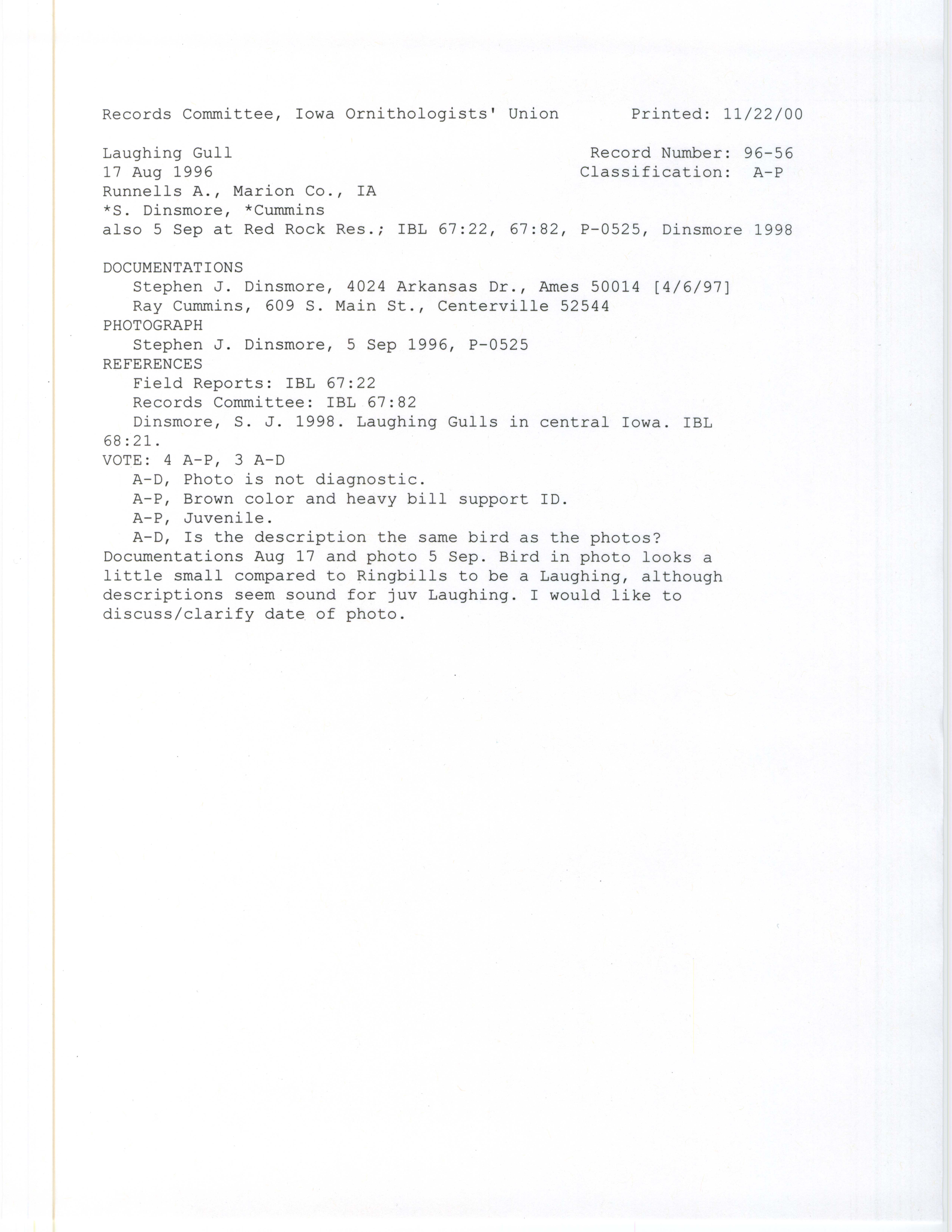 Records Committee review for rare bird sighting of Laughing Gull at Runnells Area, 1996