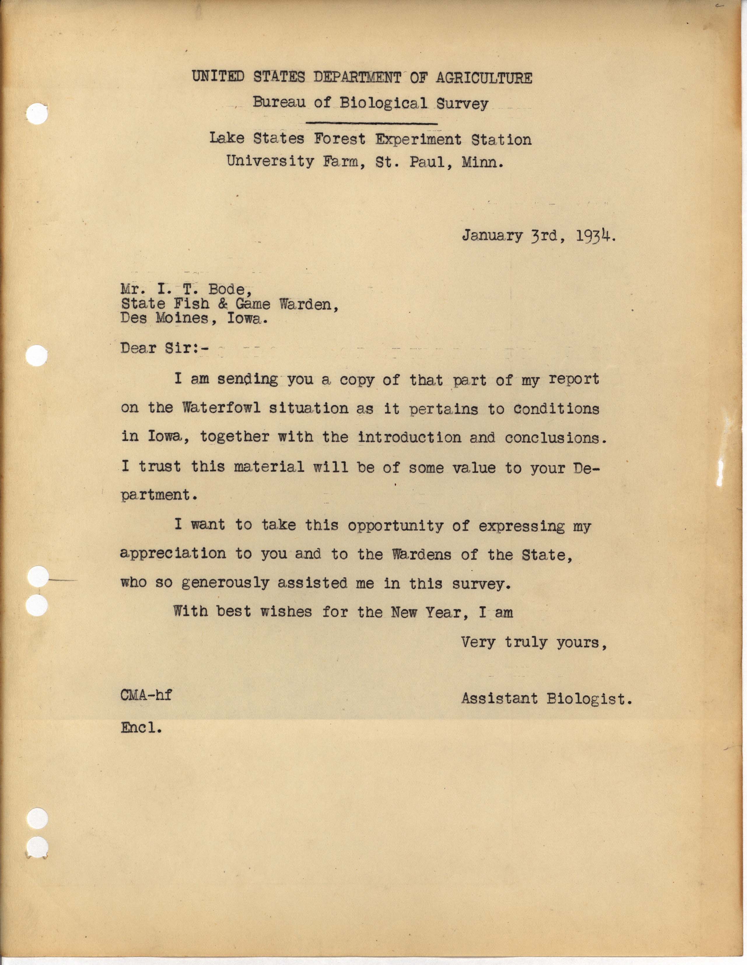 Letter to I.T. Bode regarding Waterfowl conditions that might affect Iowa, January 3, 1934