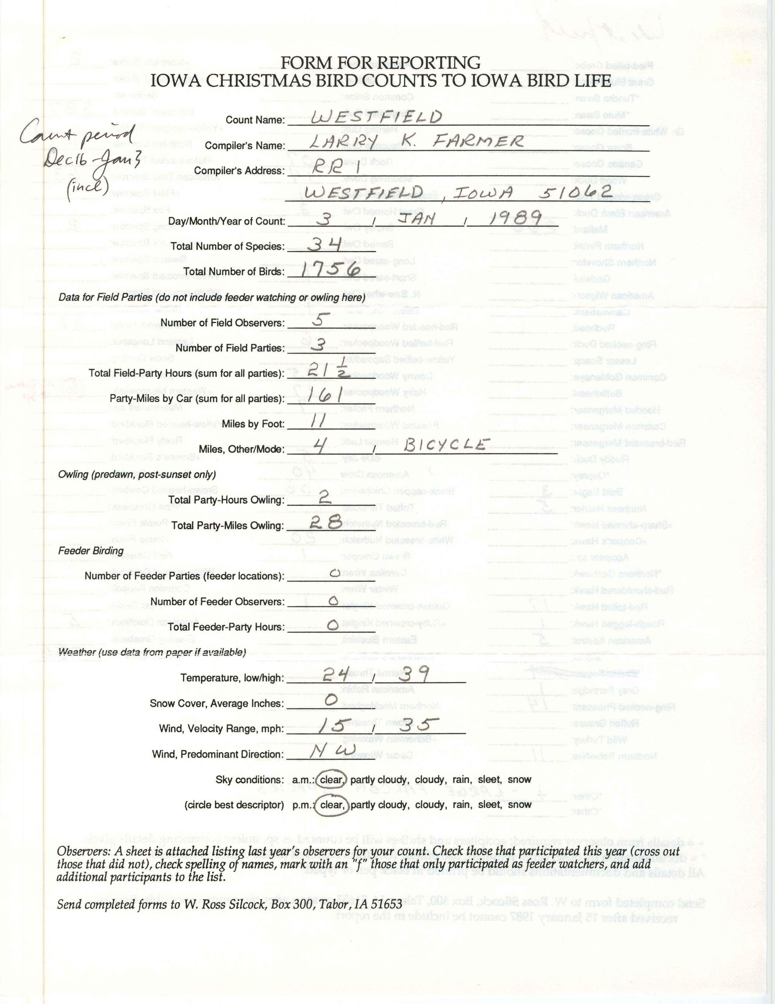 Form for reporting Iowa Christmas bird counts to Iowa Bird Life, Larry Farmer, January 3, 1989