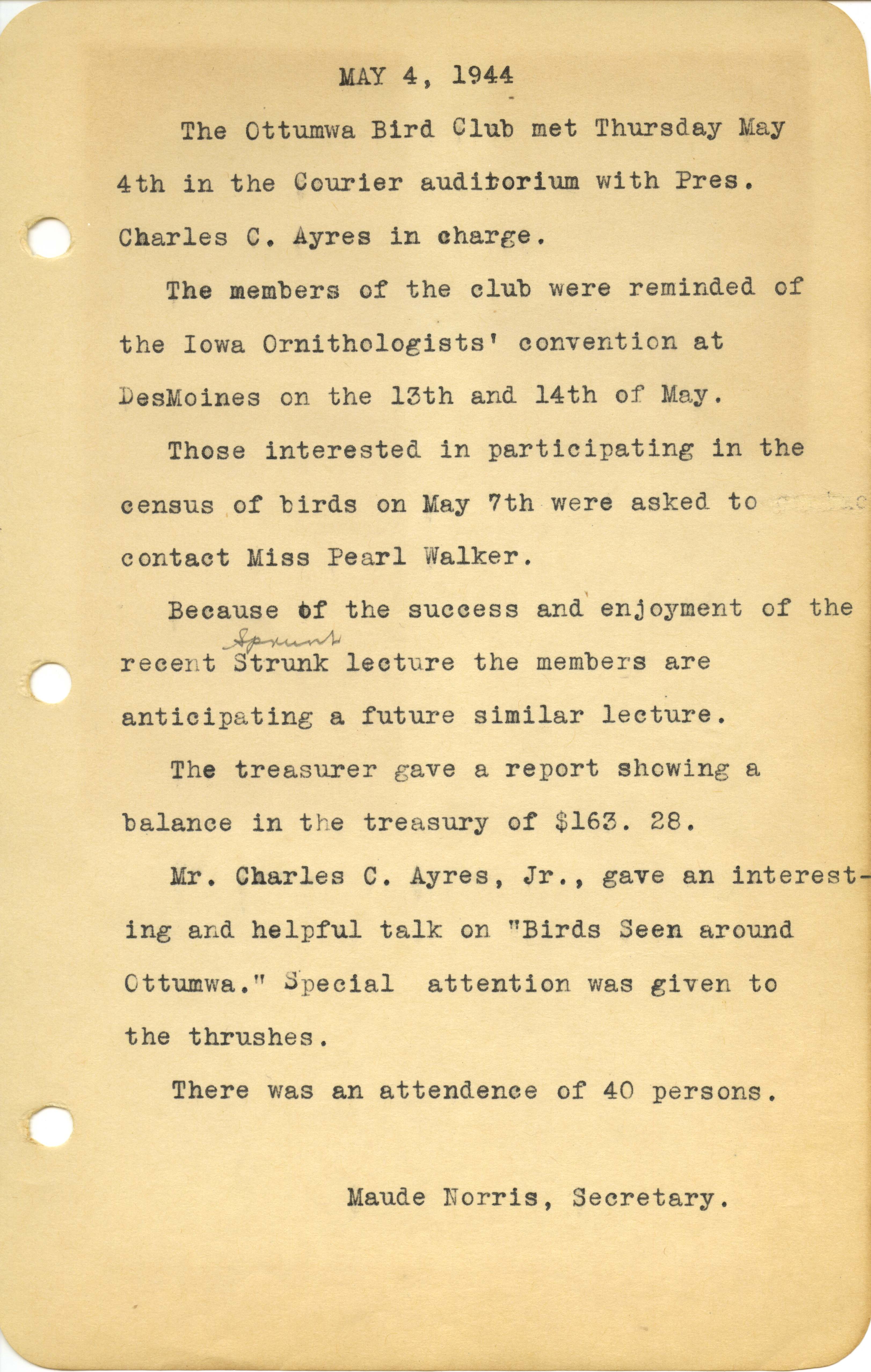  Ottumwa Bird Club meeting minutes, May 4, 1944