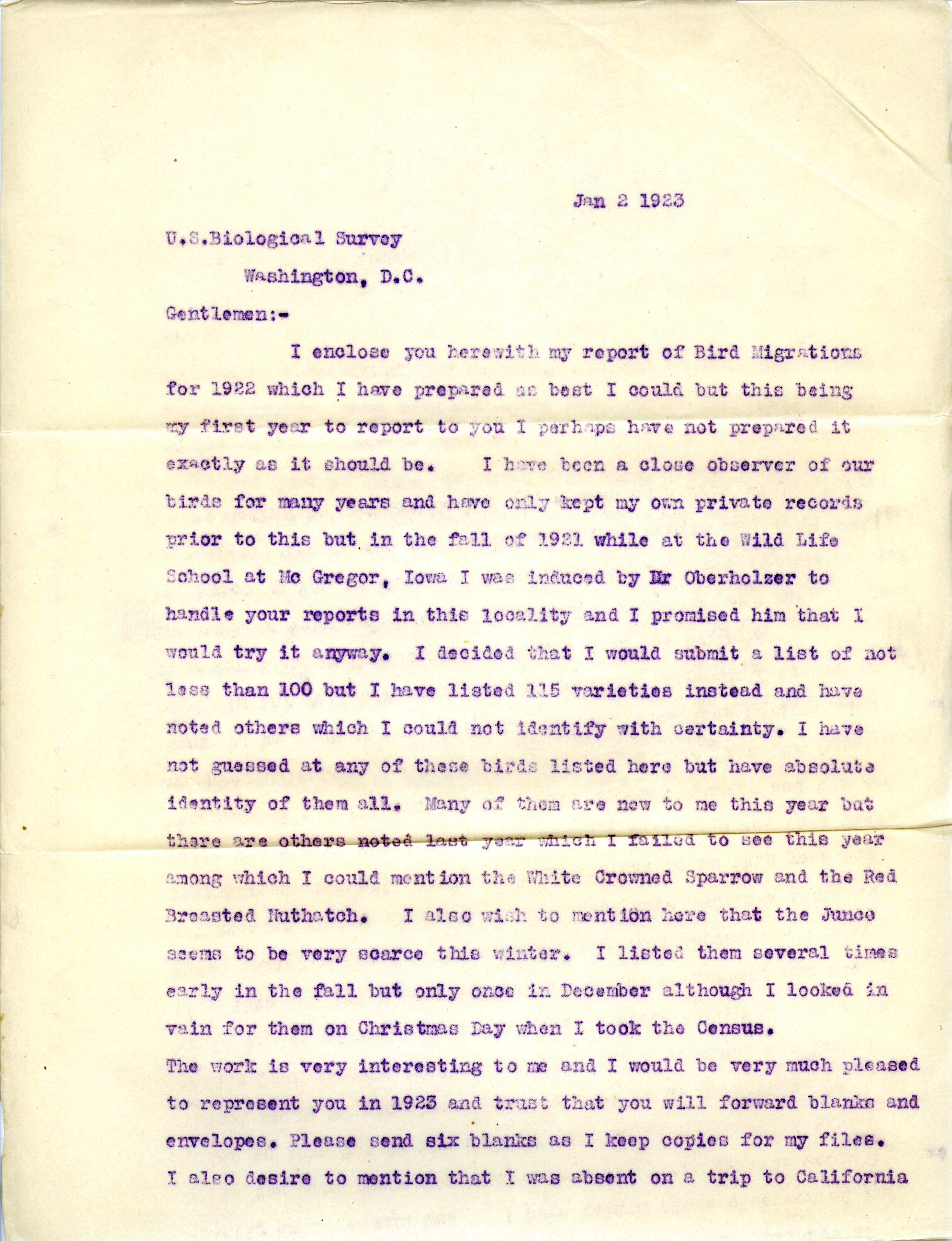 Walter Rosene letter to the United States Bureau of Biological Survey regarding a 1922 bird migration report, January 2, 1923