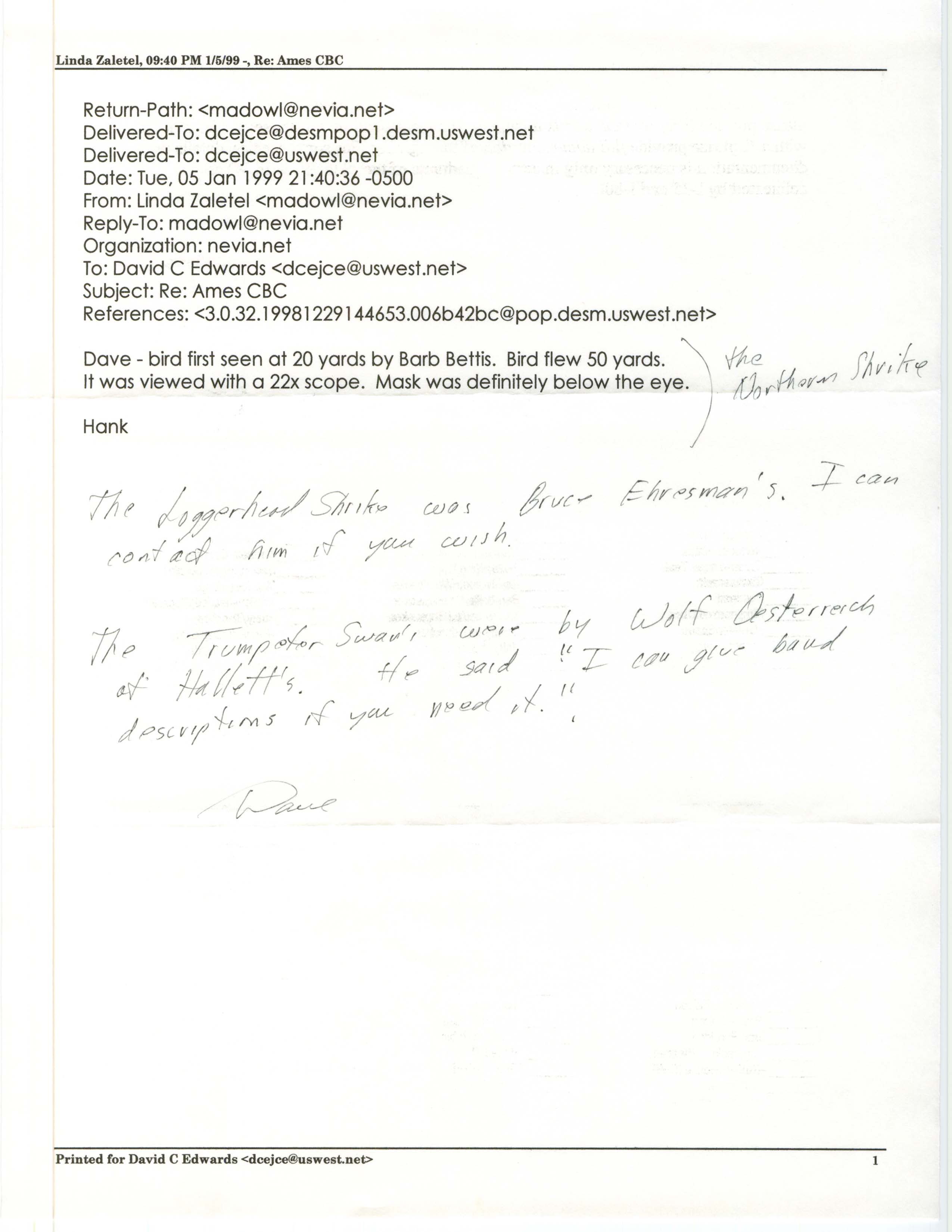 Hank Zaletel email to Dave Edwards regarding a Northern Shrike sighting, 1999