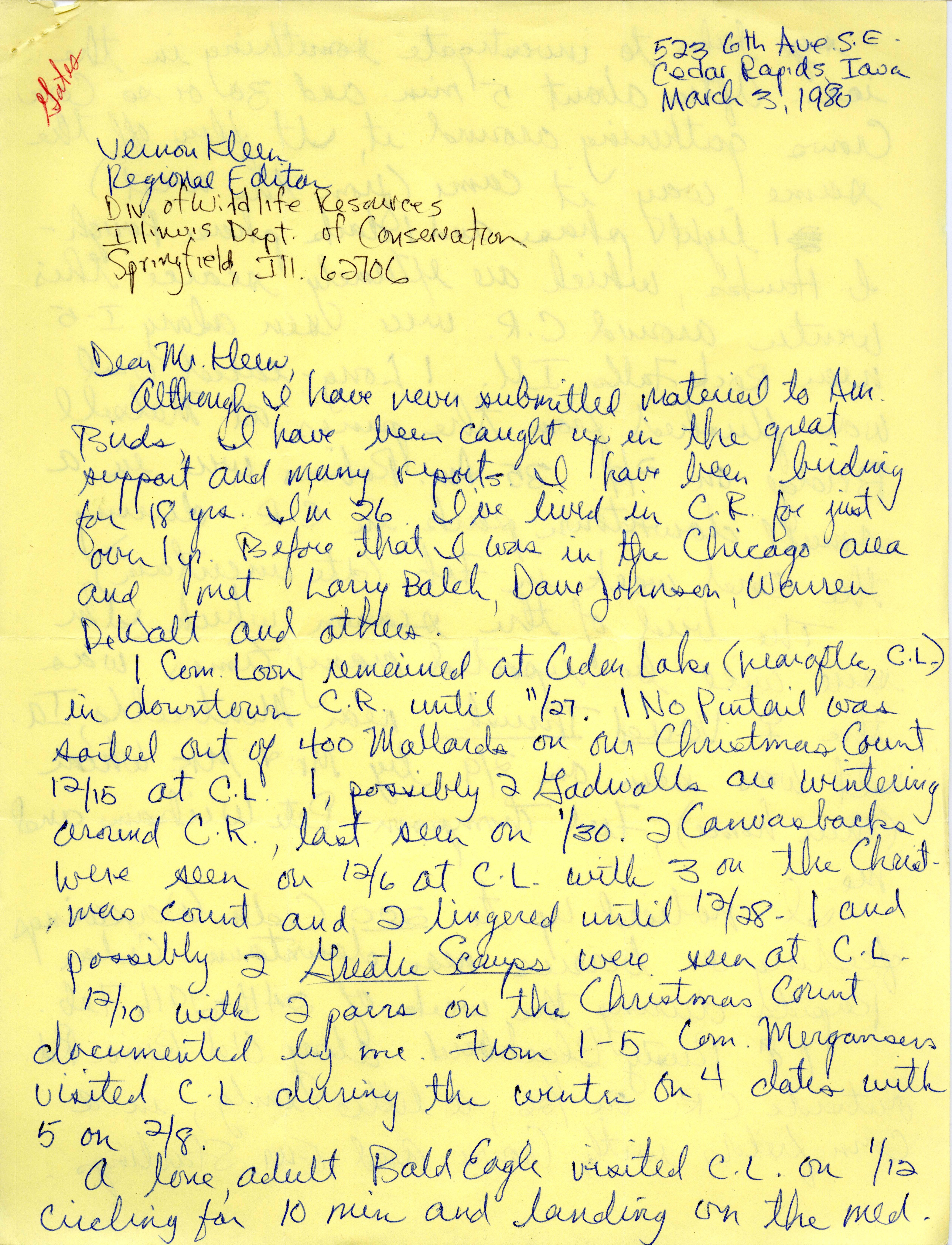 Tim Gates letter to Vernon M. Kleen regarding bird sightings, March 3, 1980