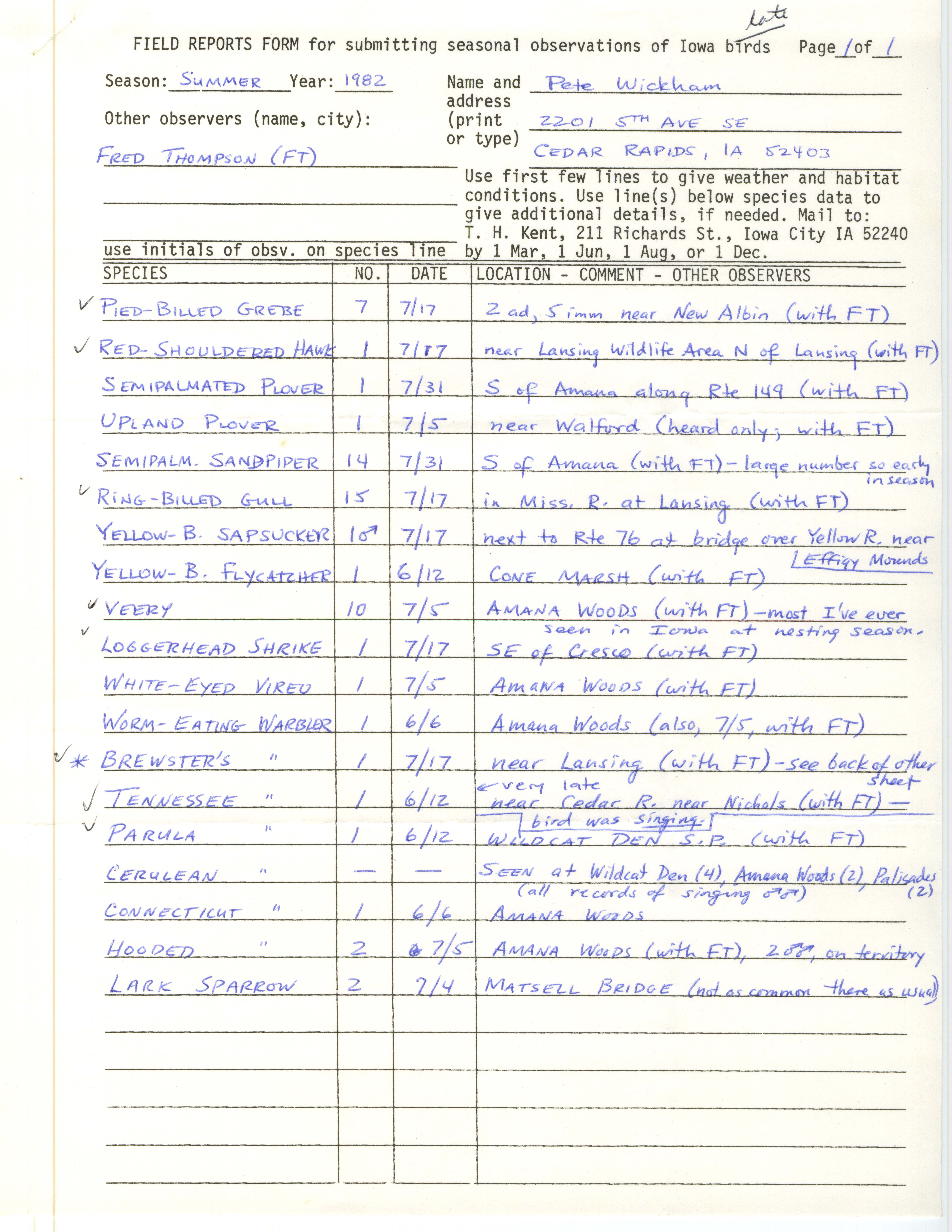 Field report and bird sightings checklist contributed by Peter P.  Wickham, summer 1982