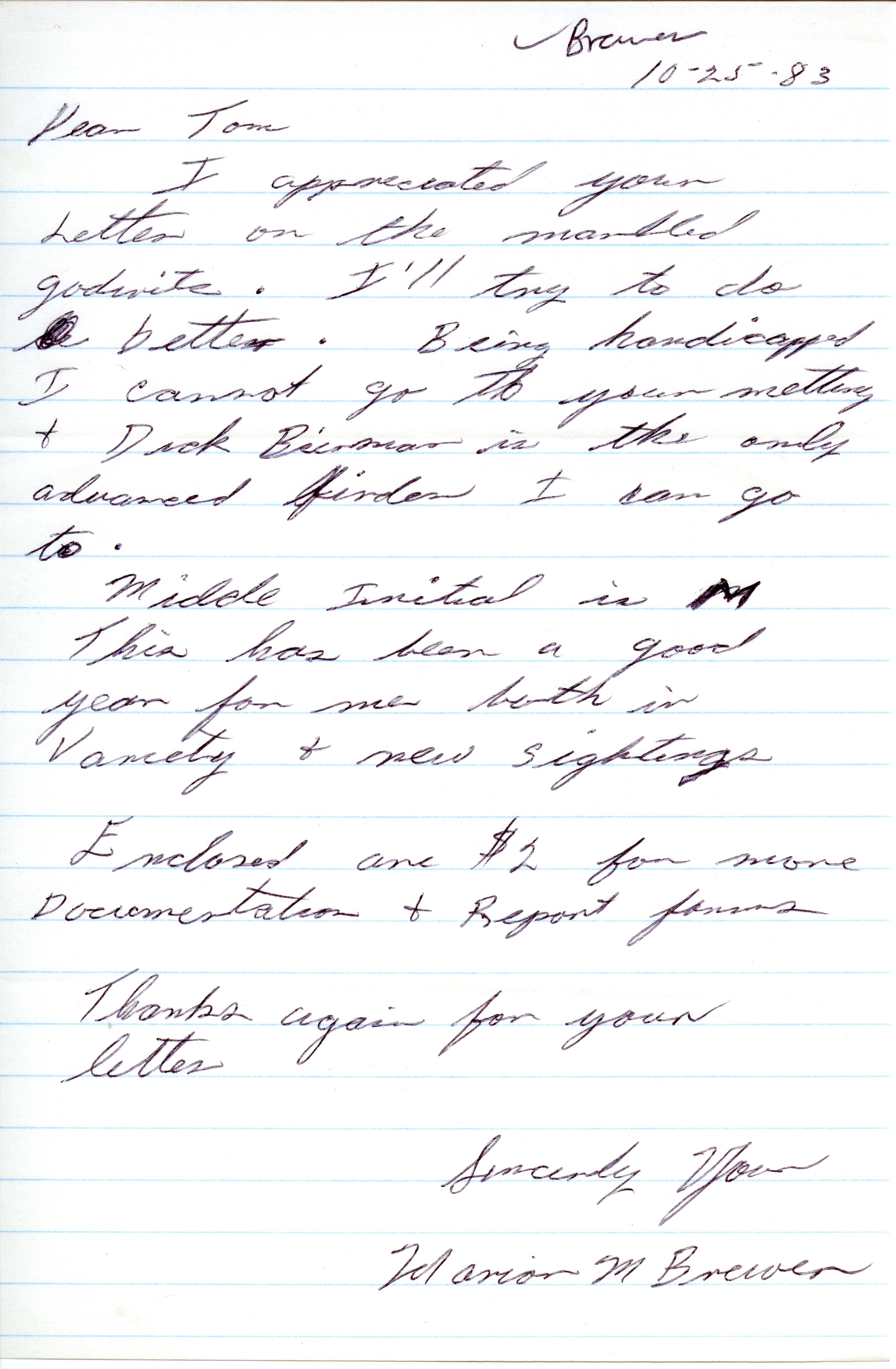 Marion Brewer letter to Thomas Kent regarding Marbled Godwit, October 25, 1983