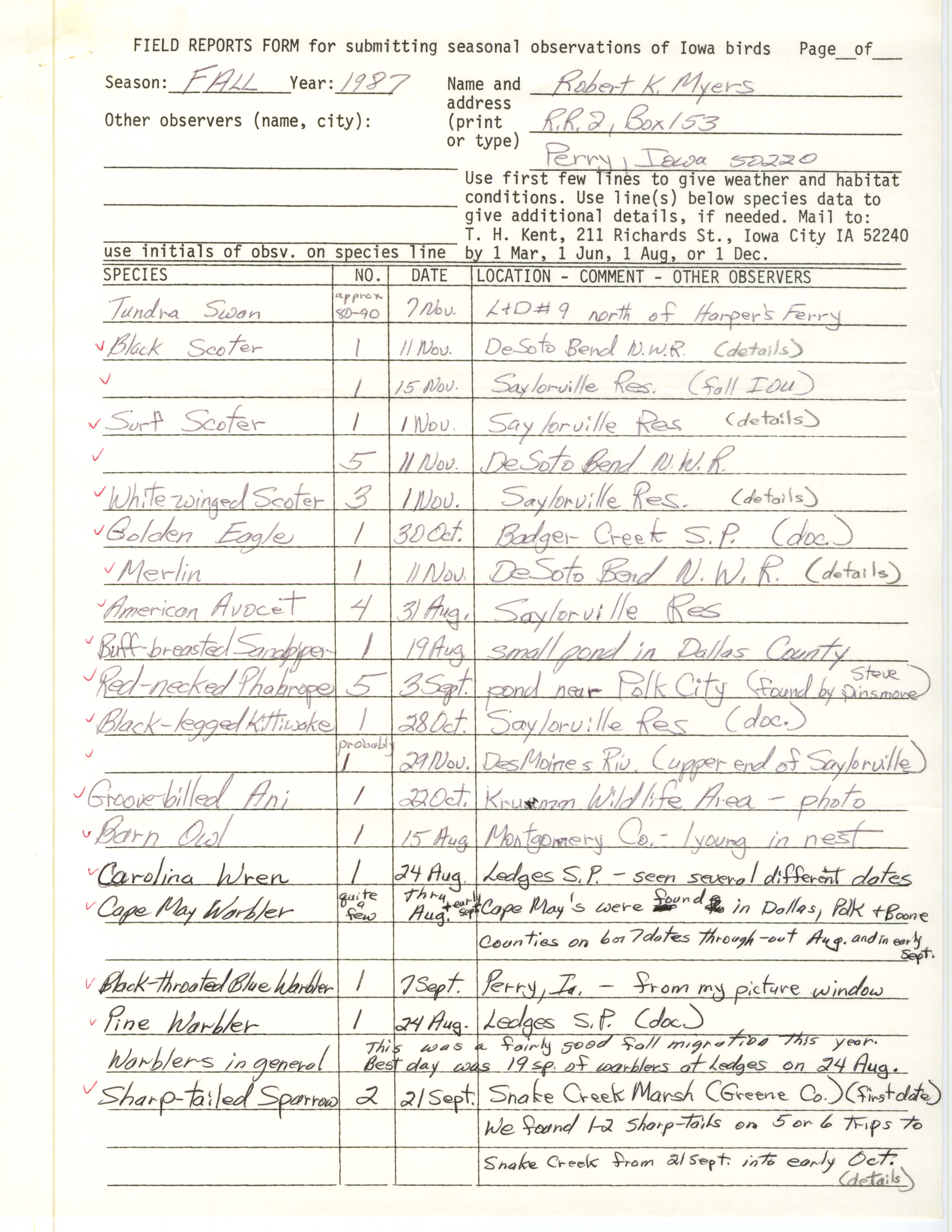 Field reports form for submitting seasonal observations of Iowa birds, Robert K. Myers, fall 1987