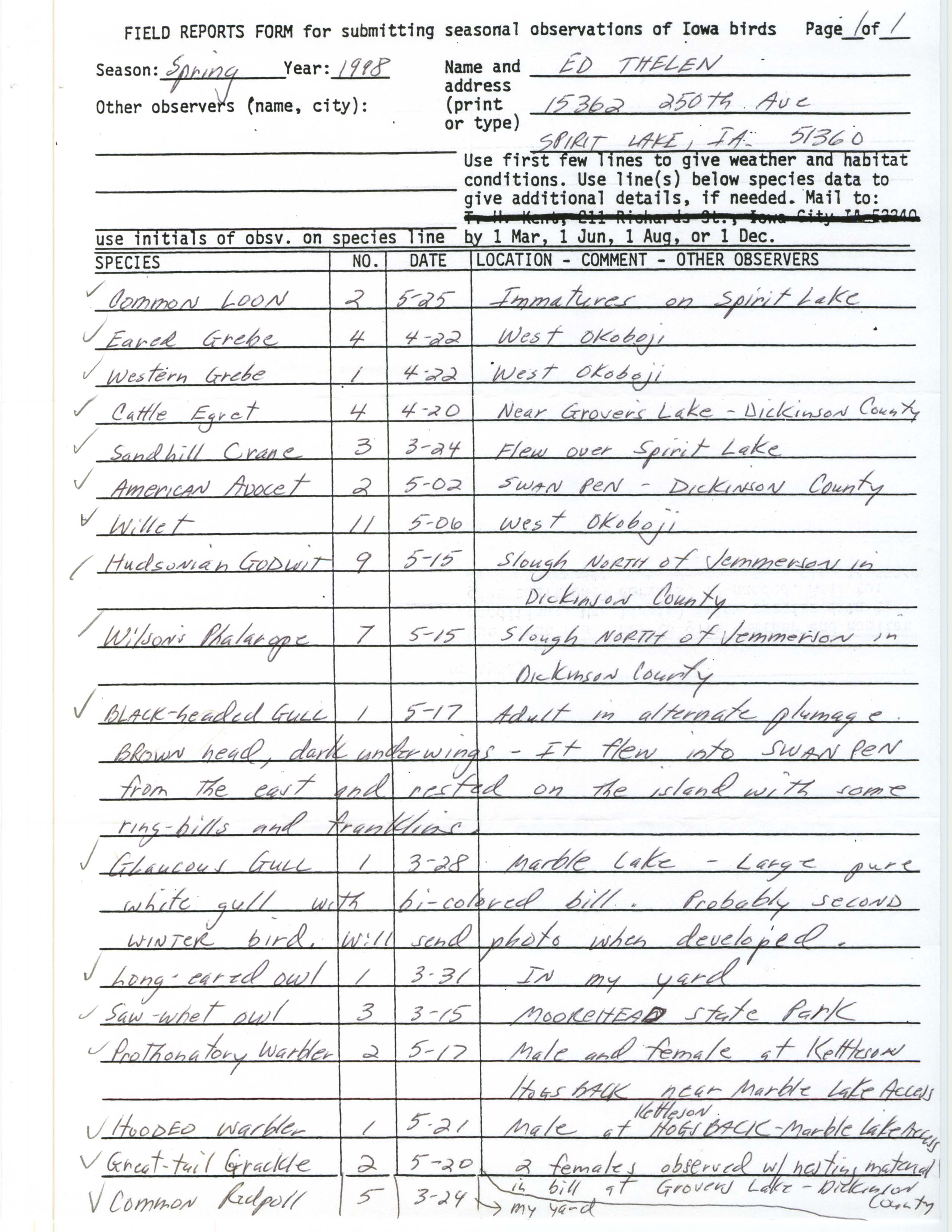 Field reports form for submitting seasonal observations of Iowa birds, Ed Thelen, spring 1998