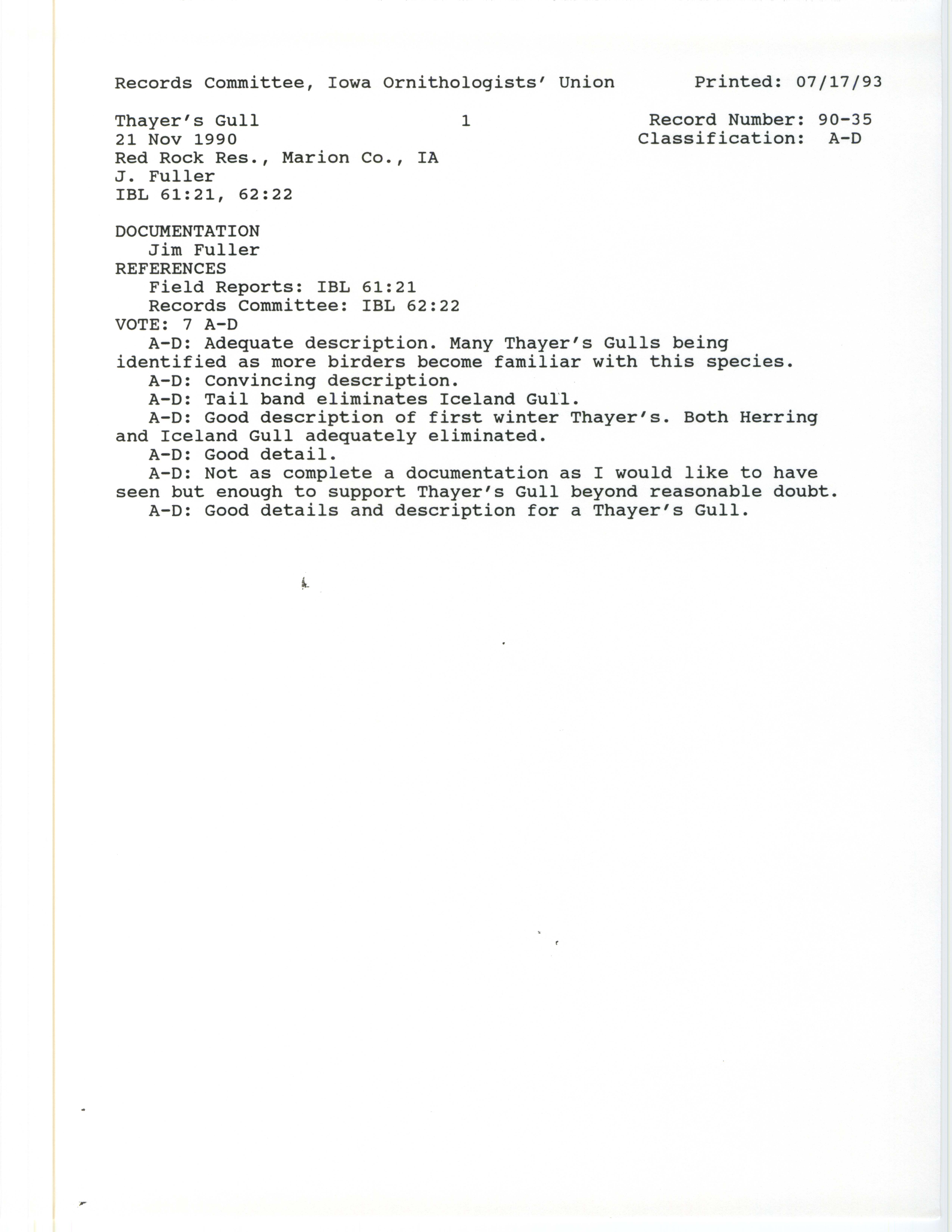Records Committee review for rare bird sighting of Thayer's Gull at Red Rock Dam, 1990