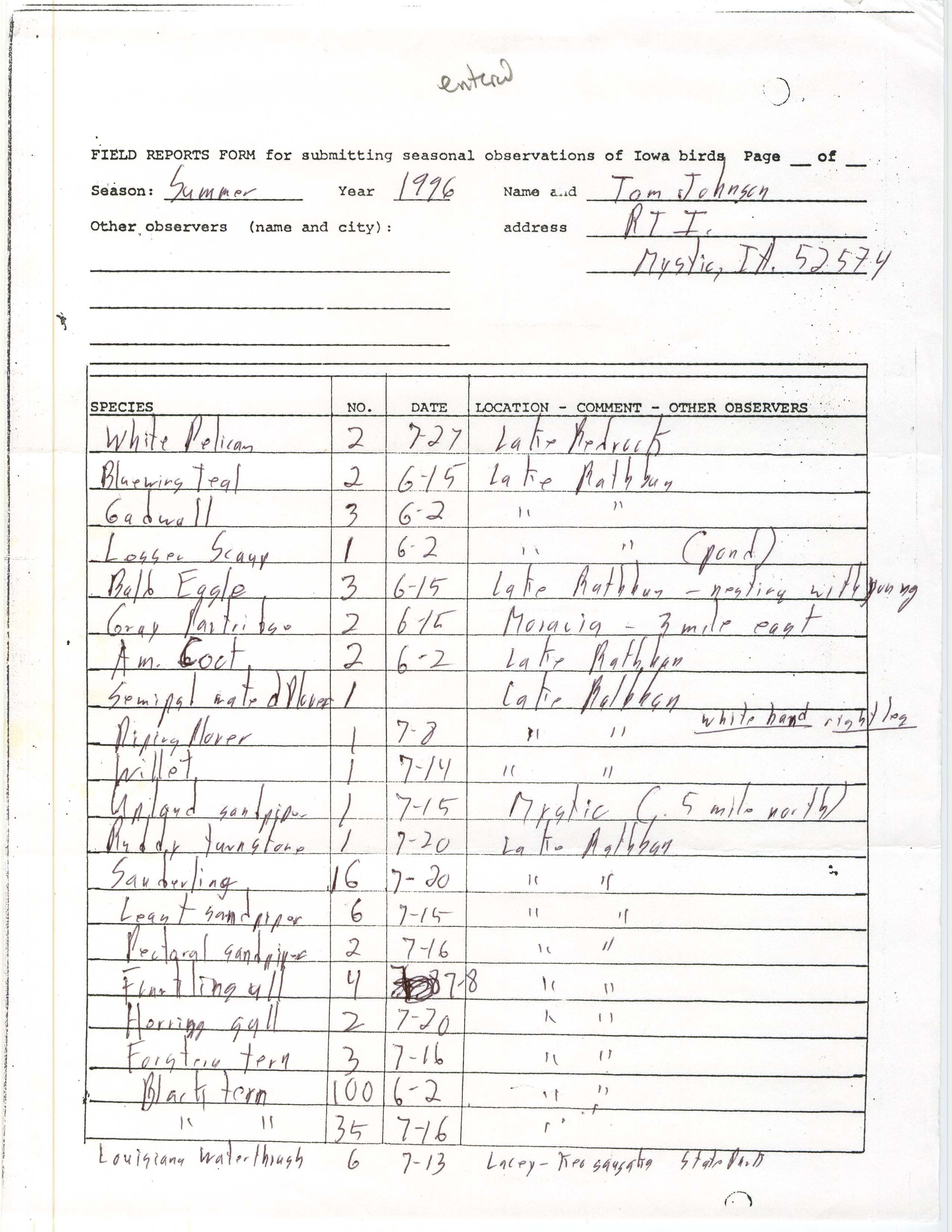 Field reports form for submitting seasonal observations of Iowa birds, Tom Johnson, summer 1996