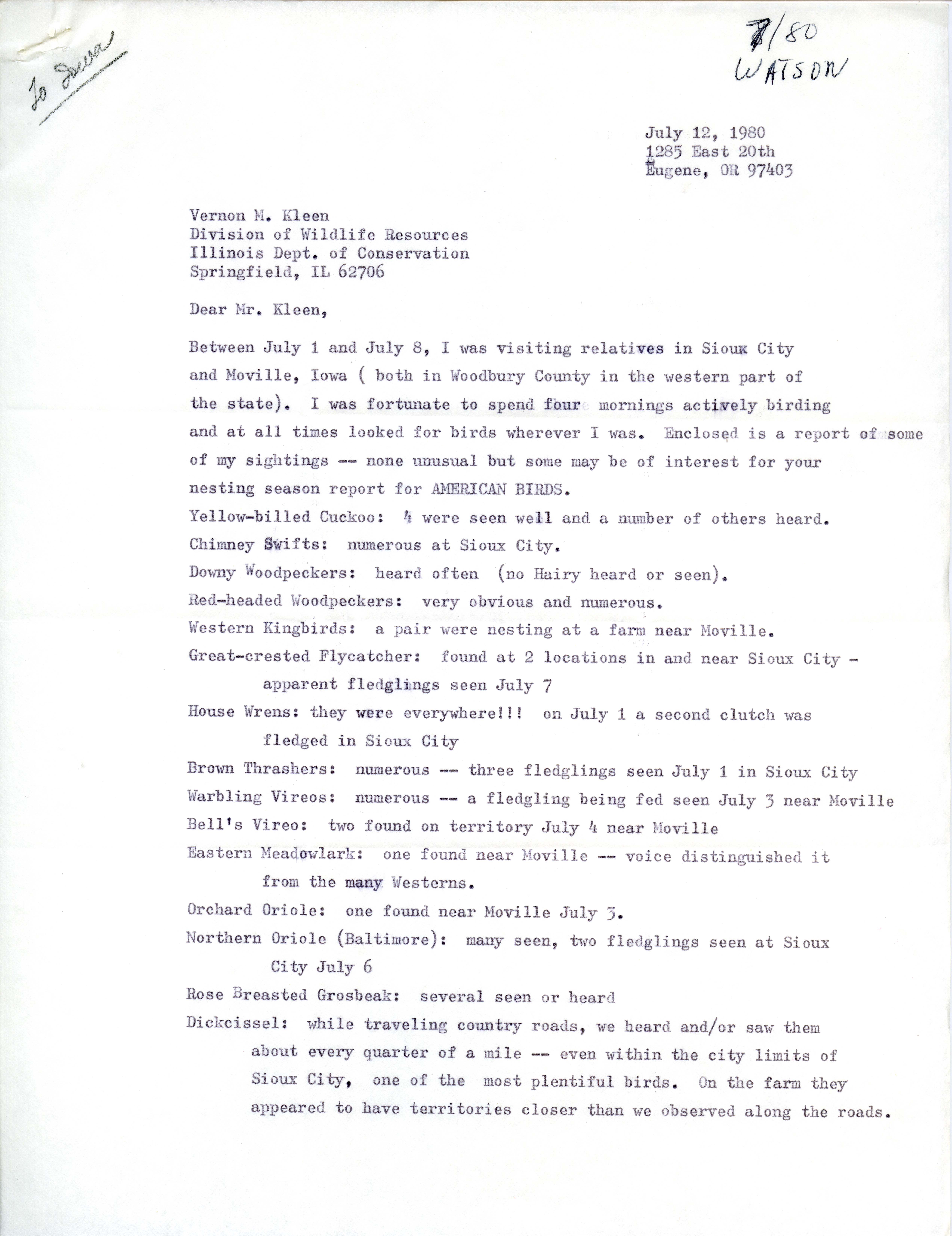 Clarice Watson letter to Vernon M. Kleen regarding bird sightings, July 12, 1980