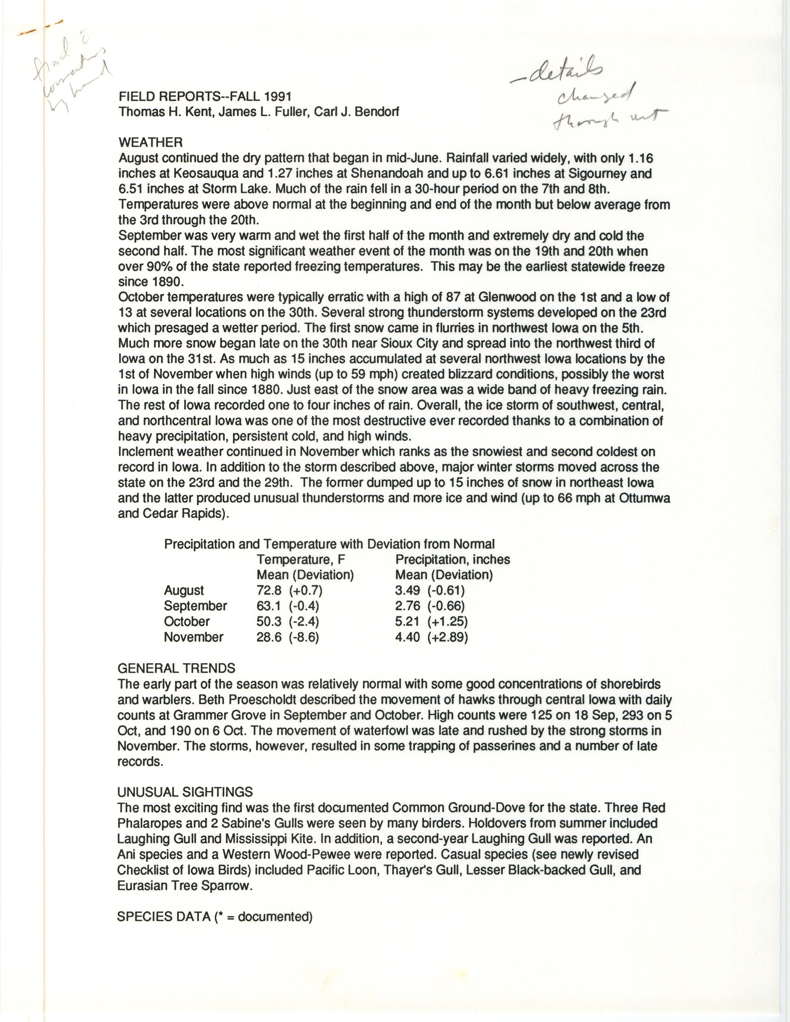 Iowa Ornithologists' Union, Quarterly field report, fall 1991