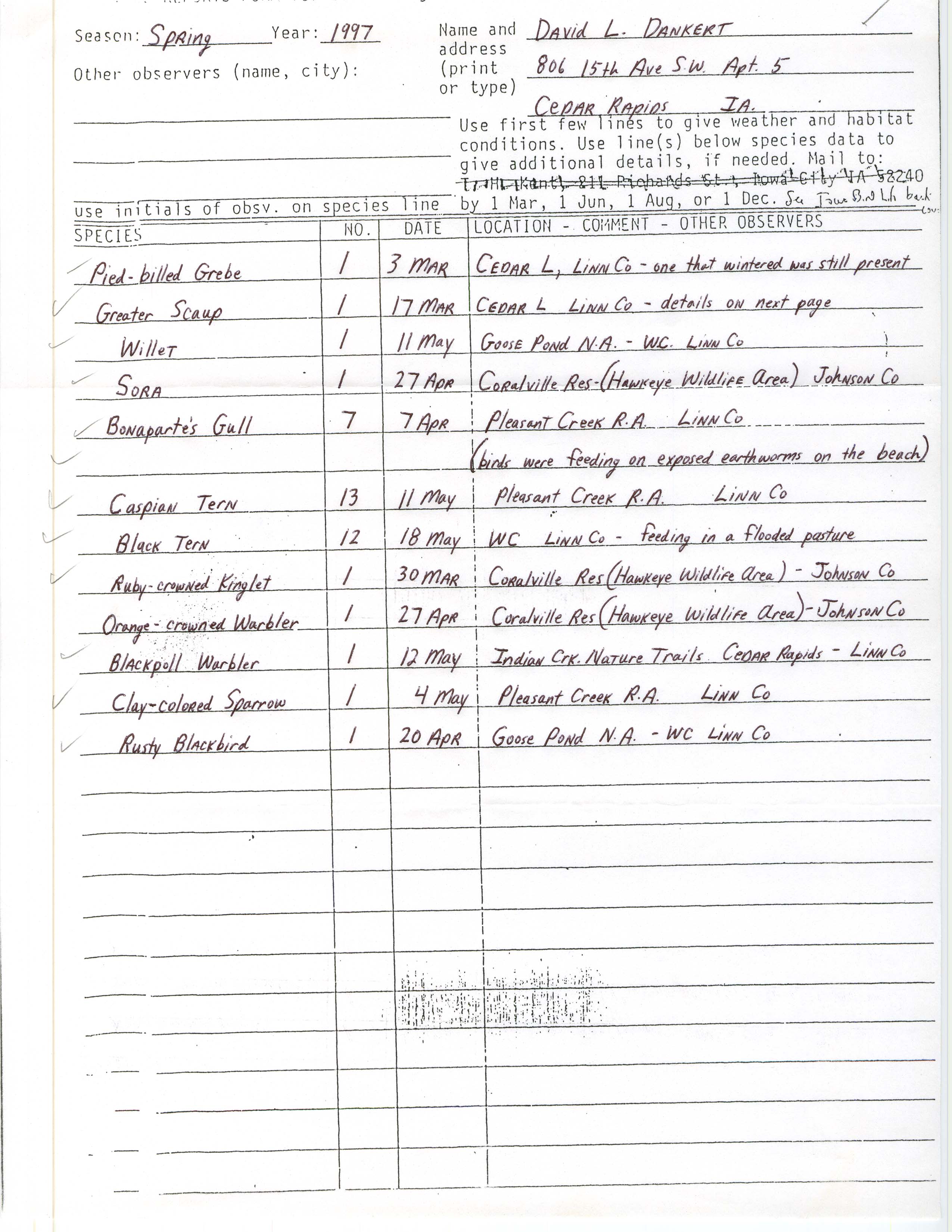 Field reports form for submitting seasonal observations of Iowa birds, David L. Dankert, spring 1997
