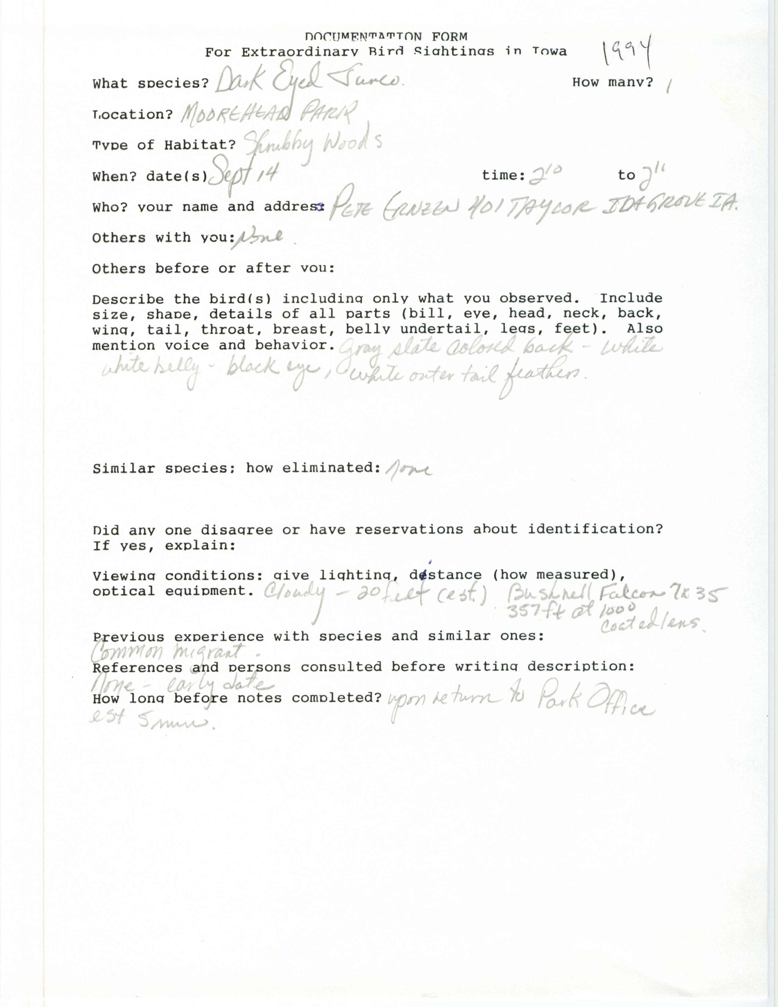 Rare bird documentation form for Dark-eyed Junco at Moorehead Pioneer Park in Ida County, 1994