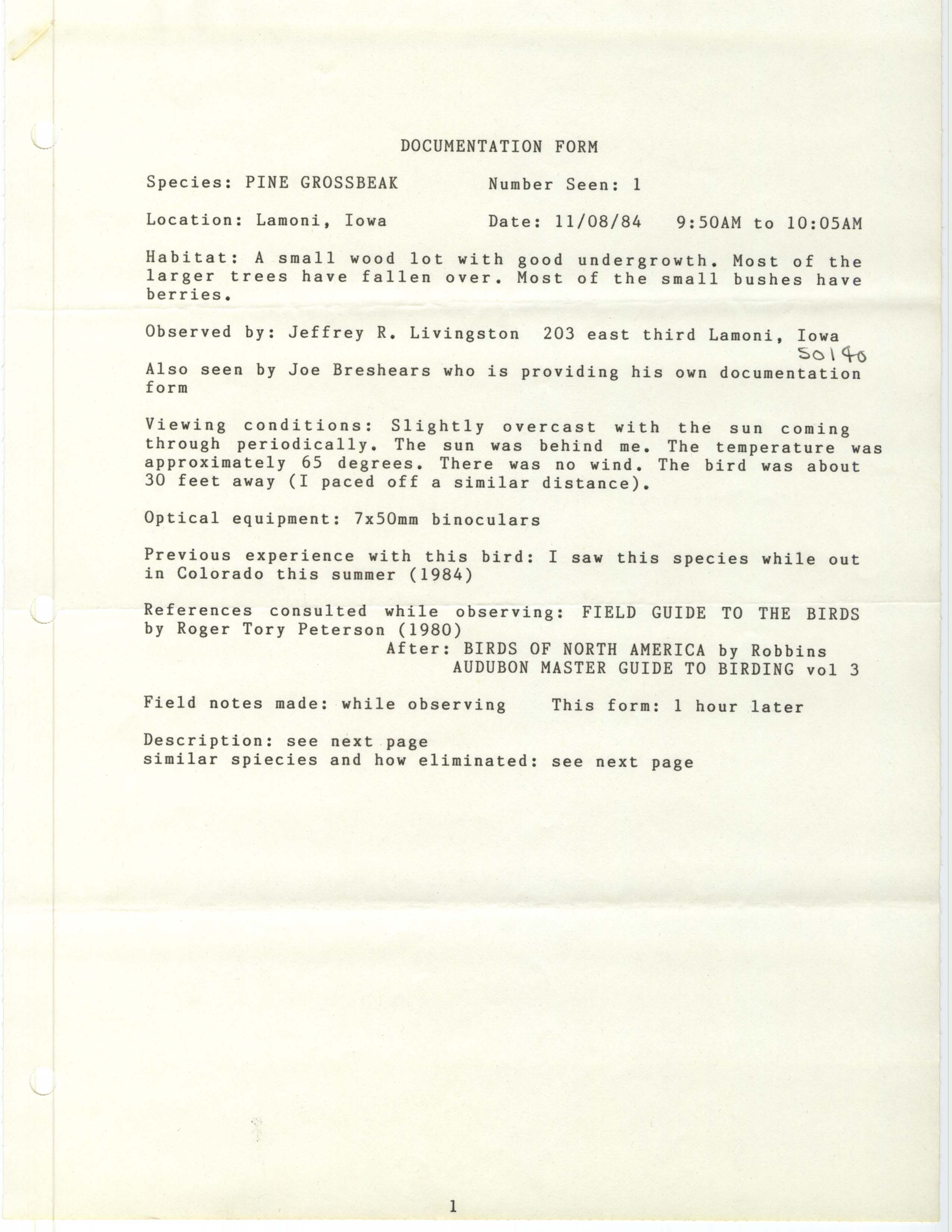 Rare bird documentation form for Pine Grosbeak at Lamoni, 1984