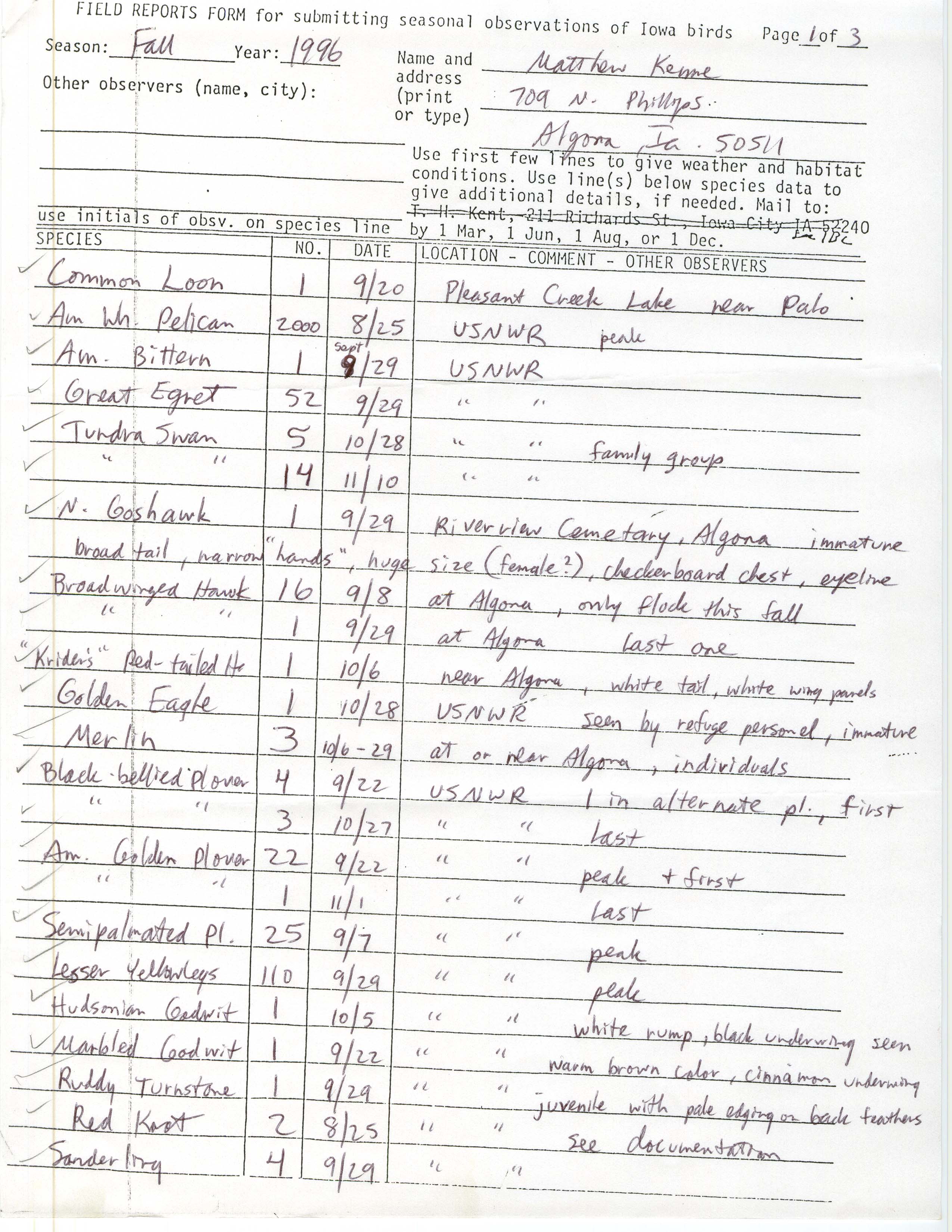 Field reports form for submitting seasonal observations of Iowa birds, Matthew Kenne, fall 1996