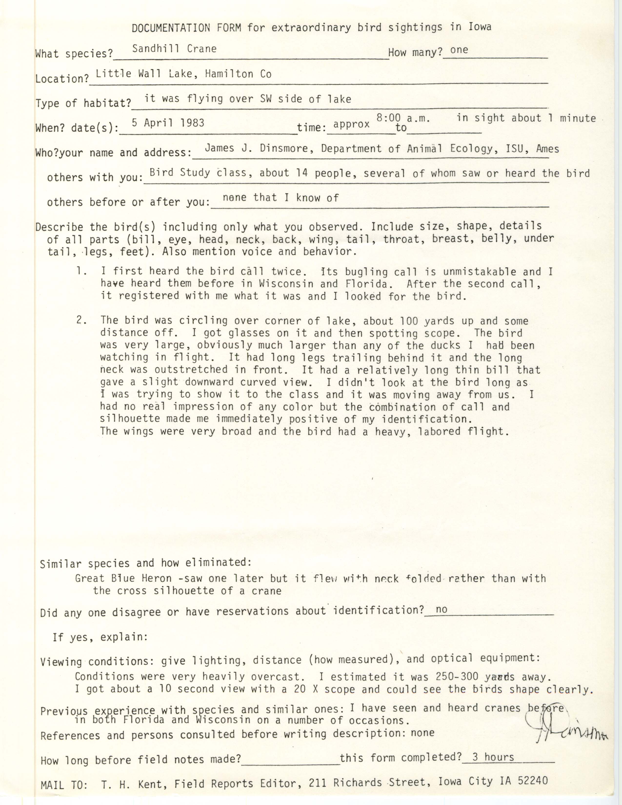 Rare bird documentation form for Sandhill Crane at Little Wall Lake, 1983