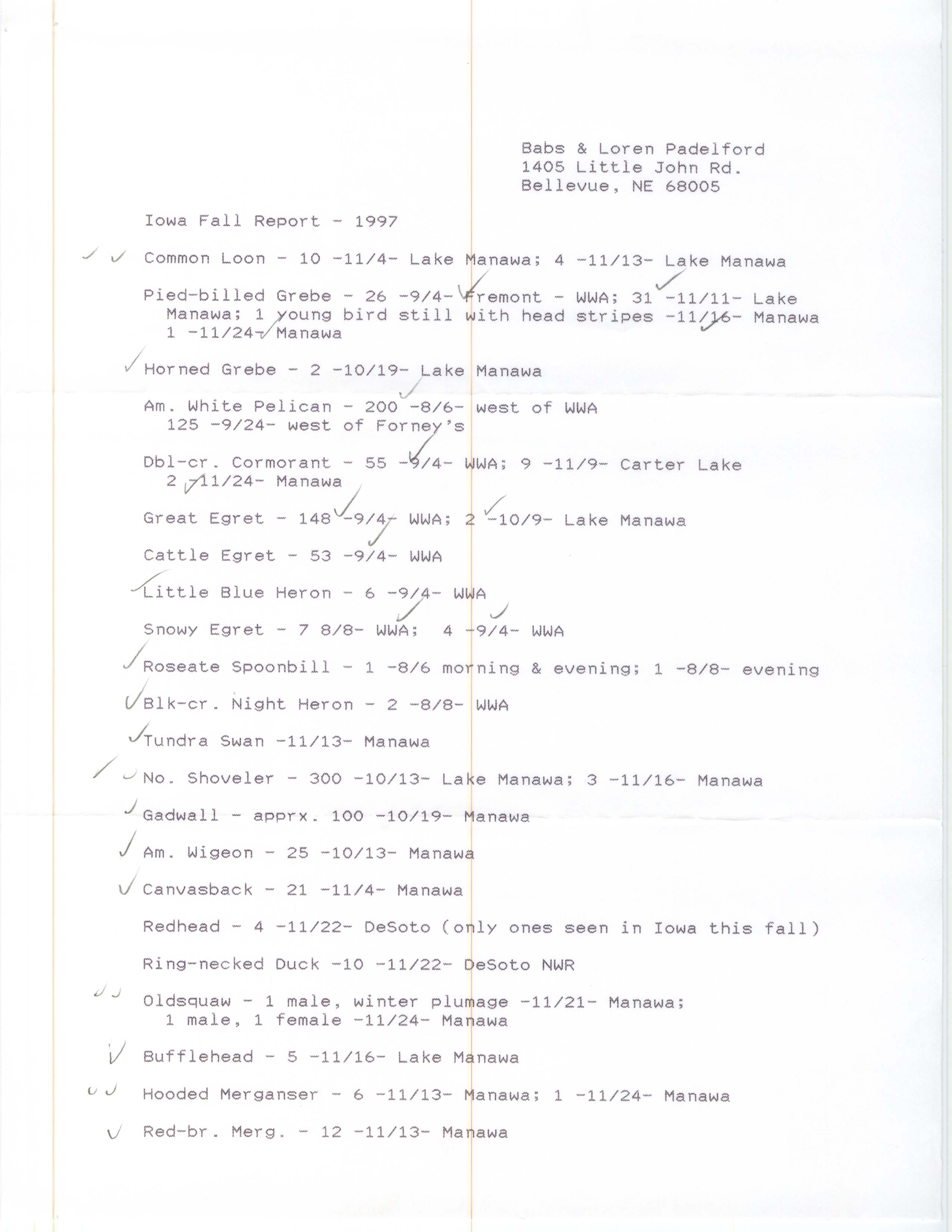 Field notes contributed by Babs Padelford and Loren Padelford, fall 1997
