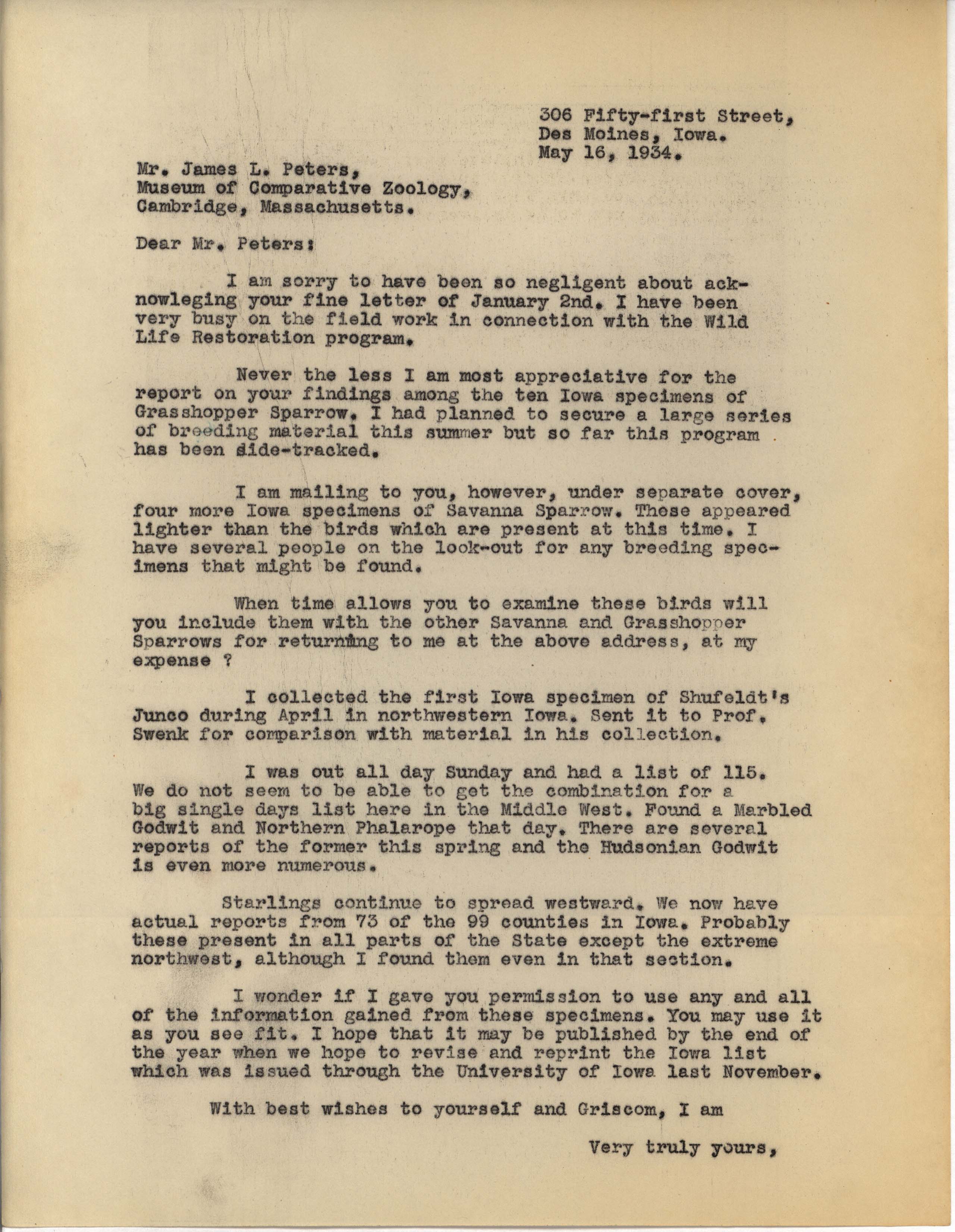 Philip DuMont letter to James Peters regarding Savannah Sparrow specimens, May 16, 1934