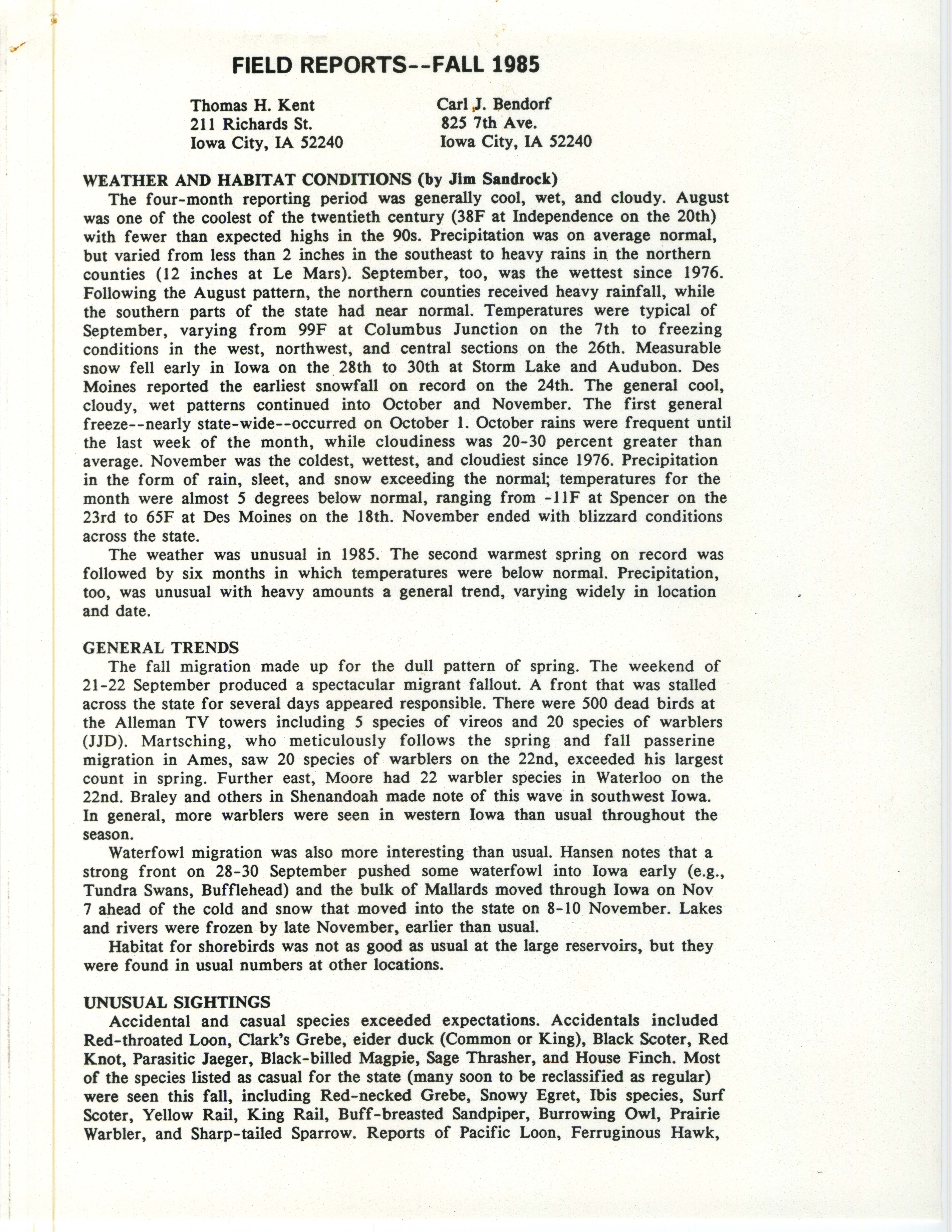 Iowa Ornithologists' Union, Quarterly field report, Fall 1985