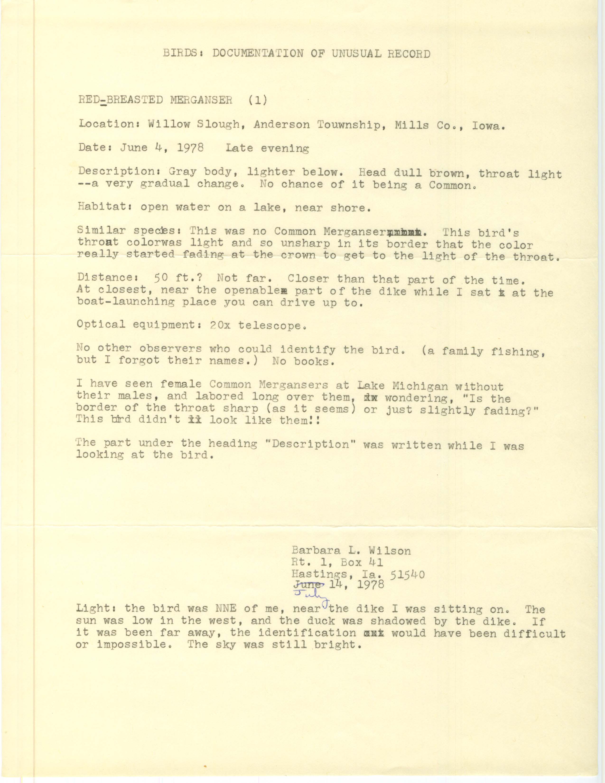 Rare bird documentation form for Red-breasted Merganser at Willow Slough, 1978