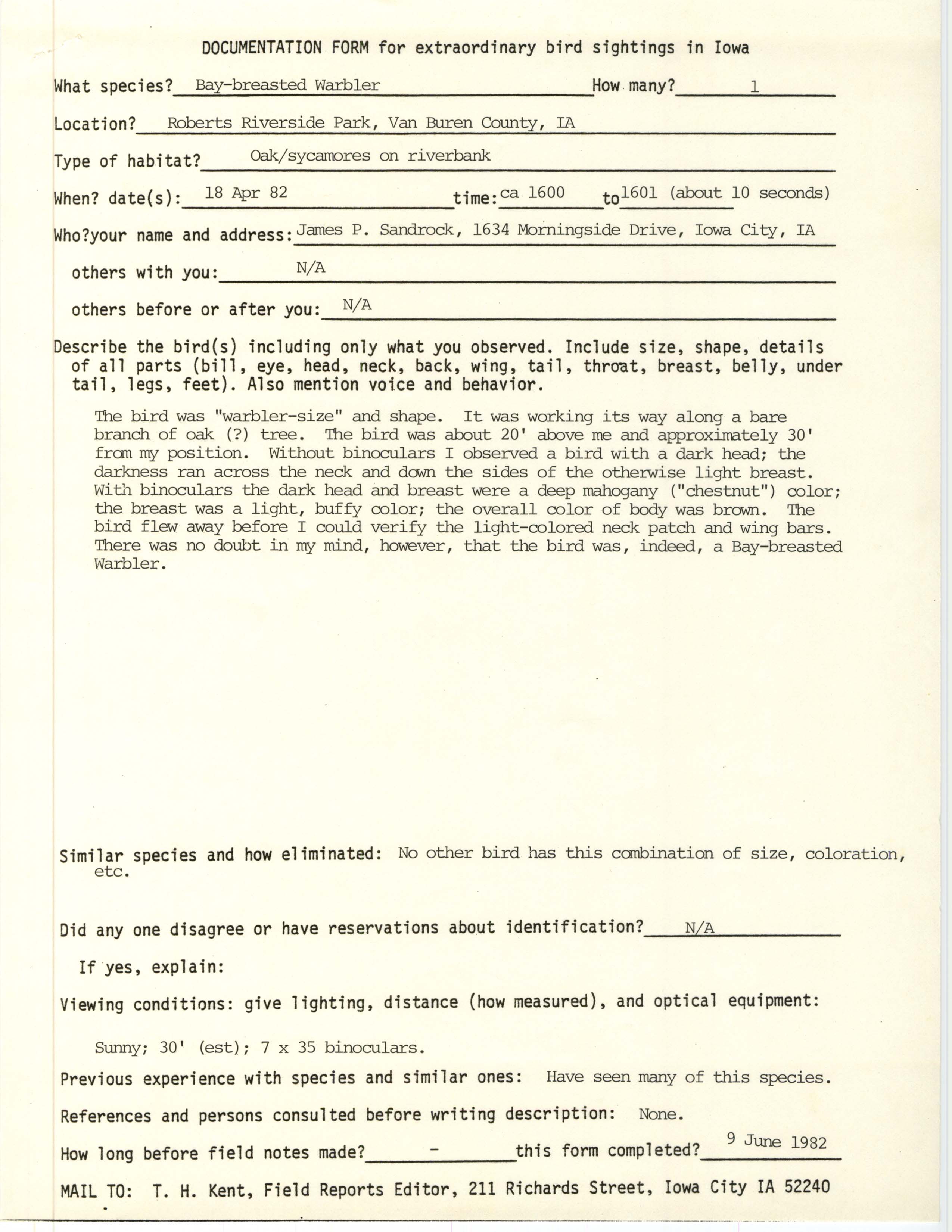 Rare bird documentation form for Bay-breasted Warbler at Roberts Riverside Park in Van Buren County, 1982