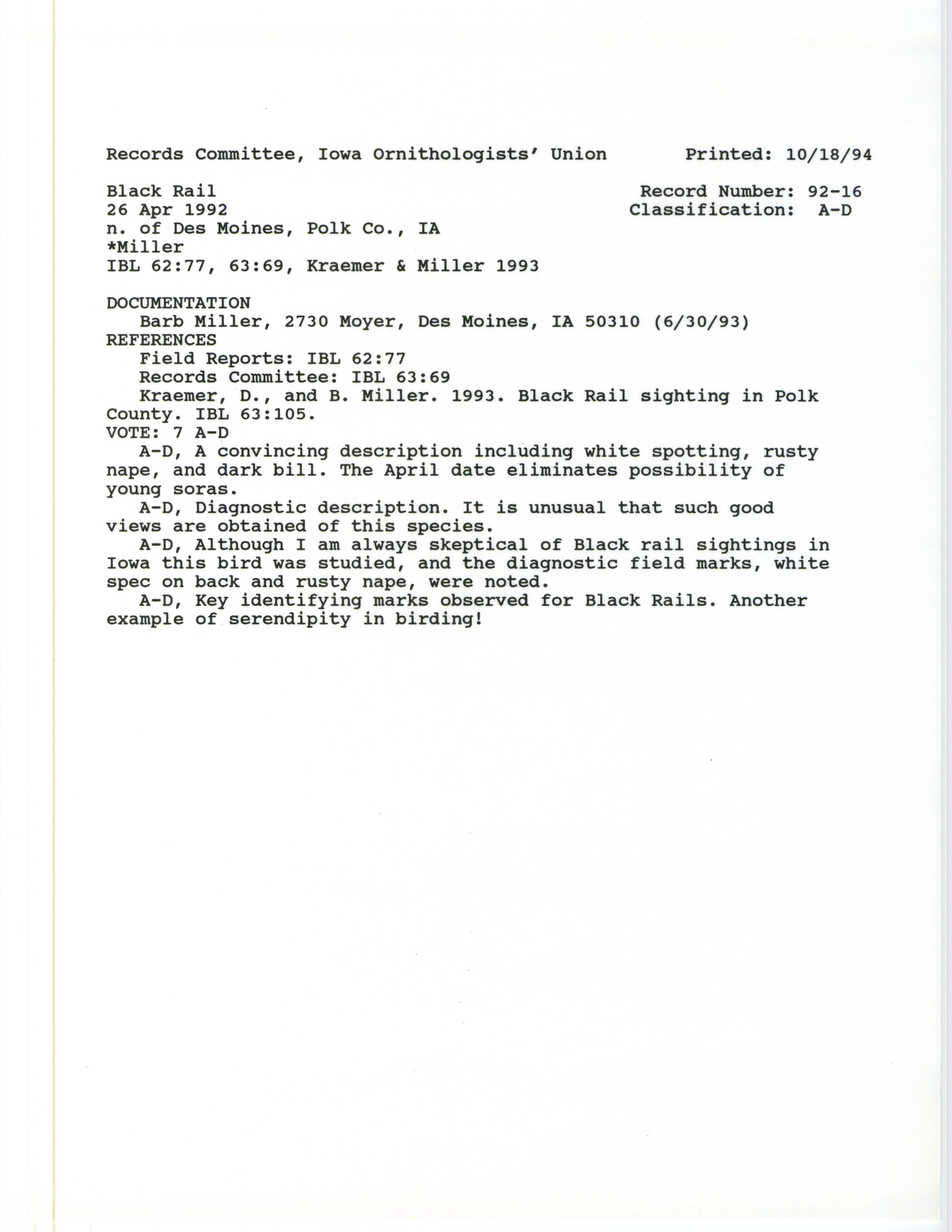 Records Committee review for rare bird sighting of Black Rail at Carney Marsh in Ankeny, 1992