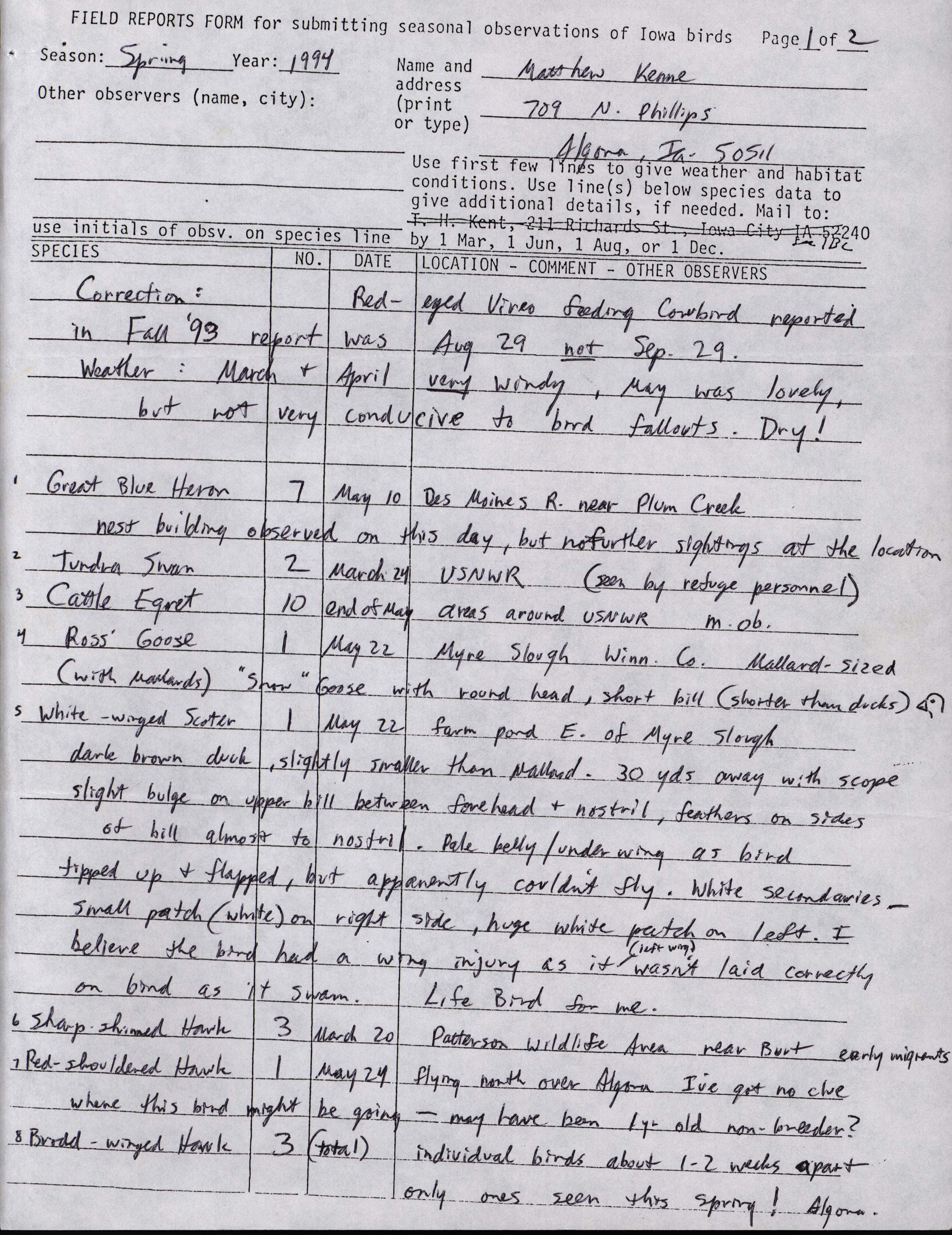 Field reports form for submitting seasonal observations of Iowa birds, Matthew Kenne, Spring 1994