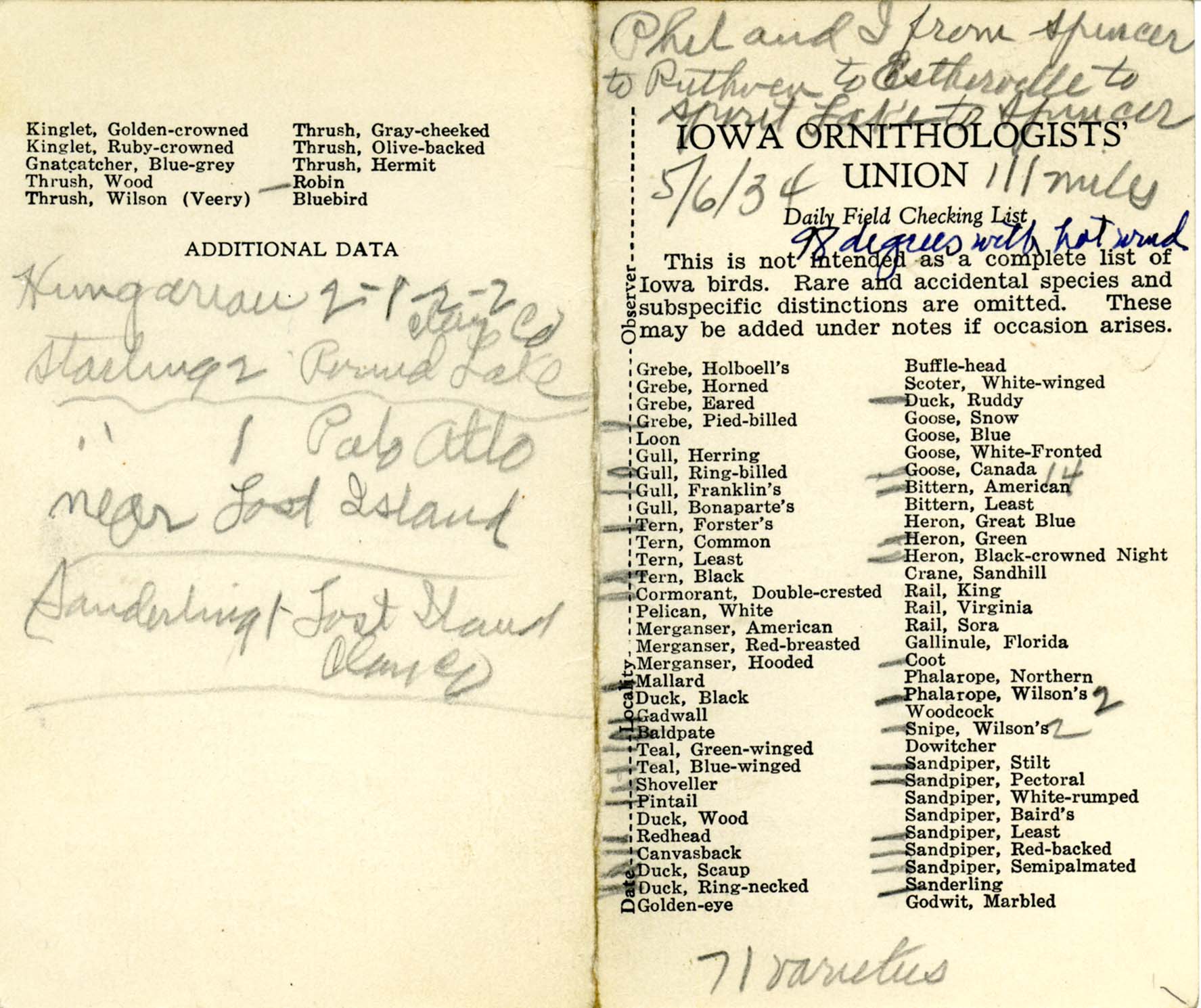 Daily field checking list, Walter Rosene, May 6, 1934