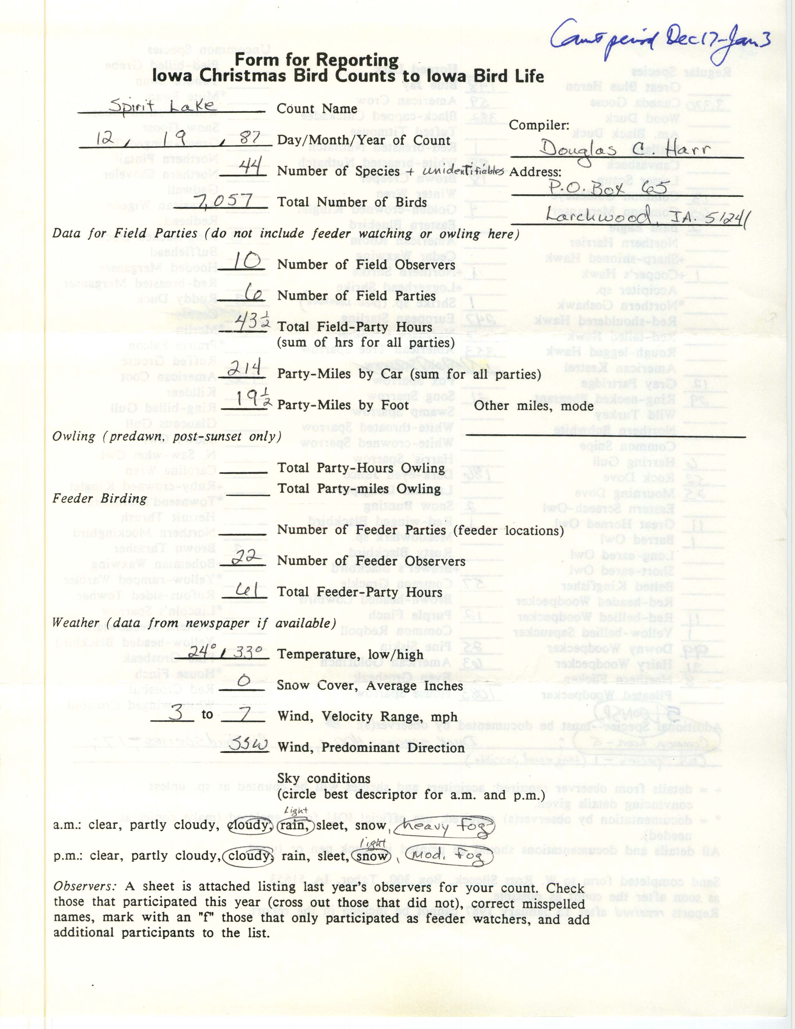 Form for reporting Iowa Christmas bird counts to Iowa Bird Life, Douglas C. Harr, December 19, 1987