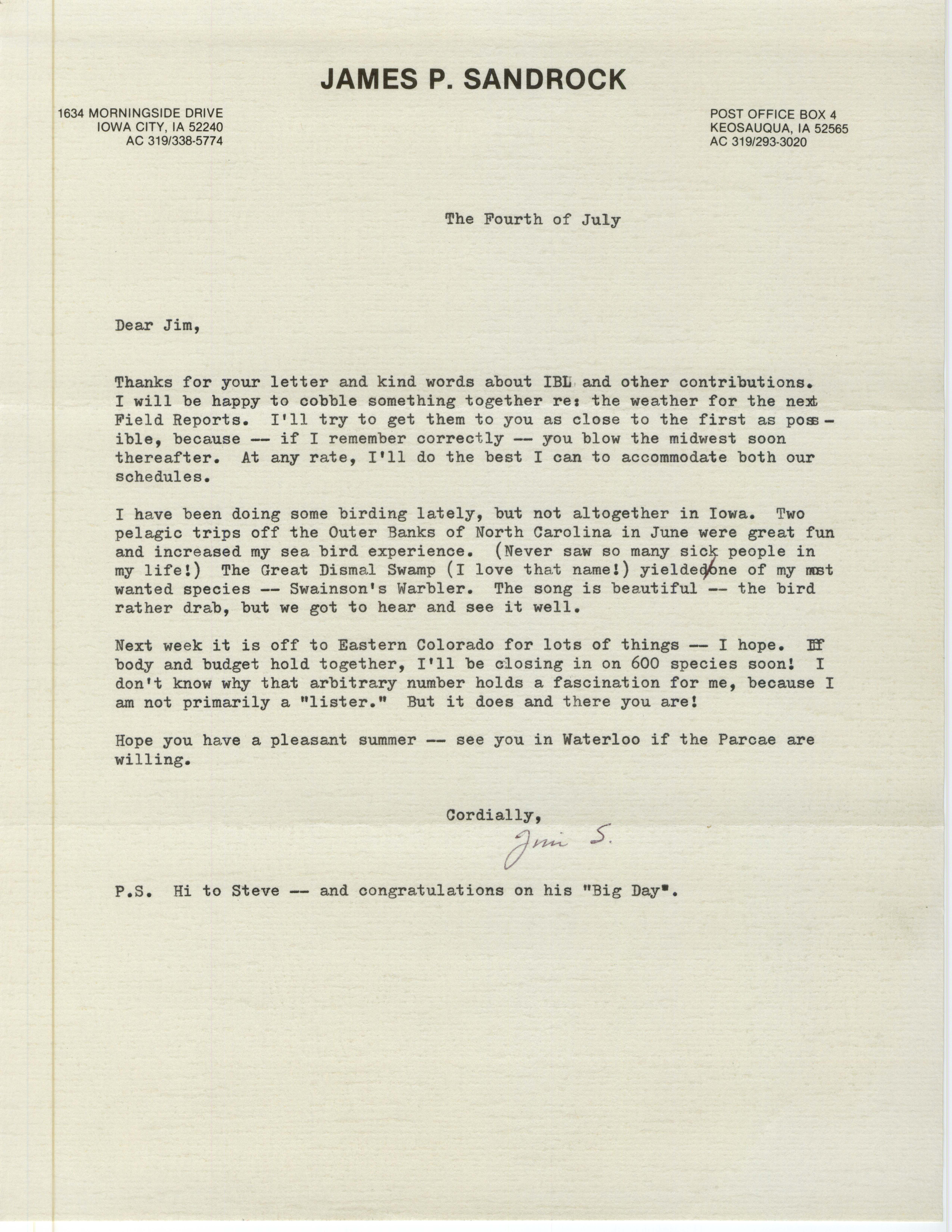 James P. Sandrock letter to James J. Dinsmore regarding a weather report, July 4, 1986