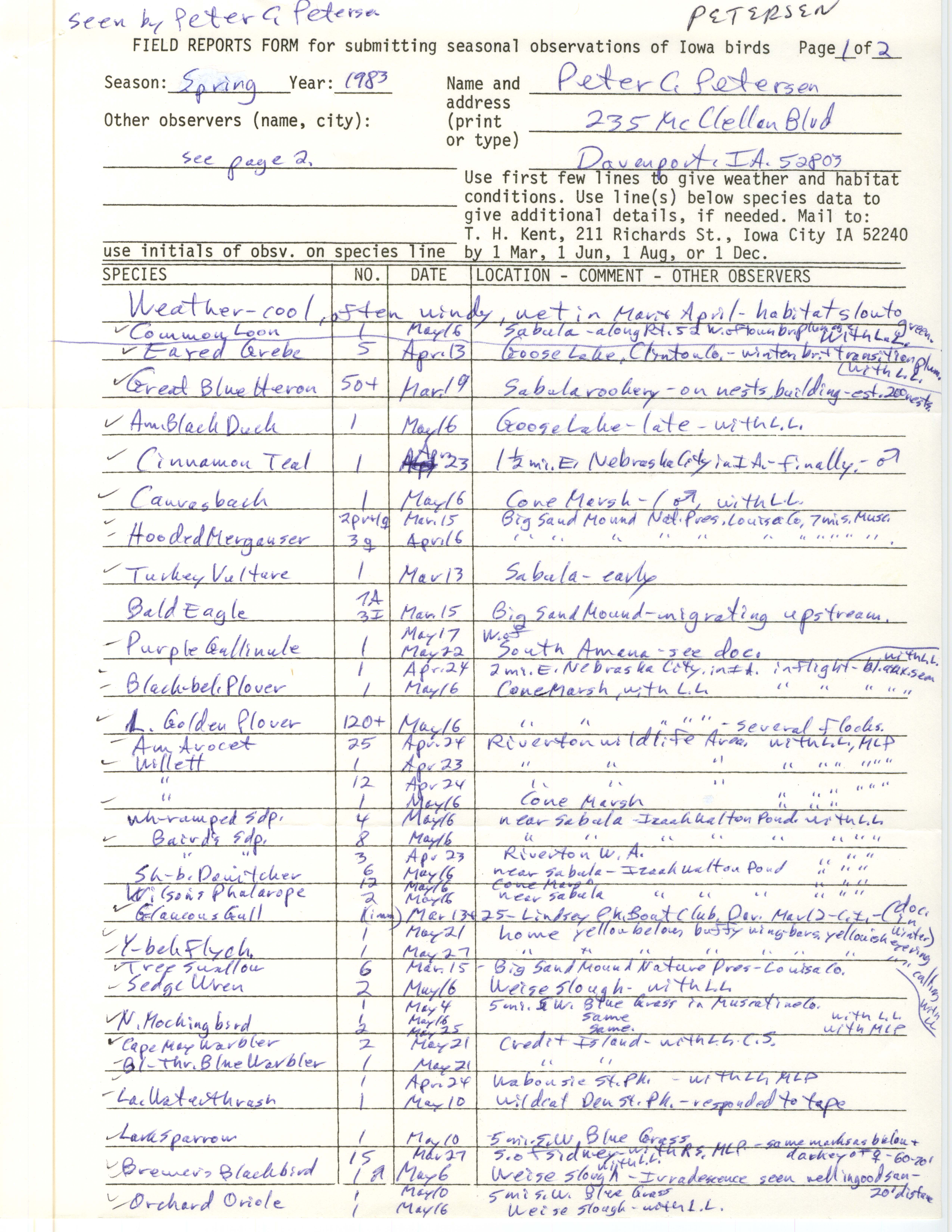 Field reports form for submitting seasonal observations of Iowa birds, Peter C. Petersen, spring 1983