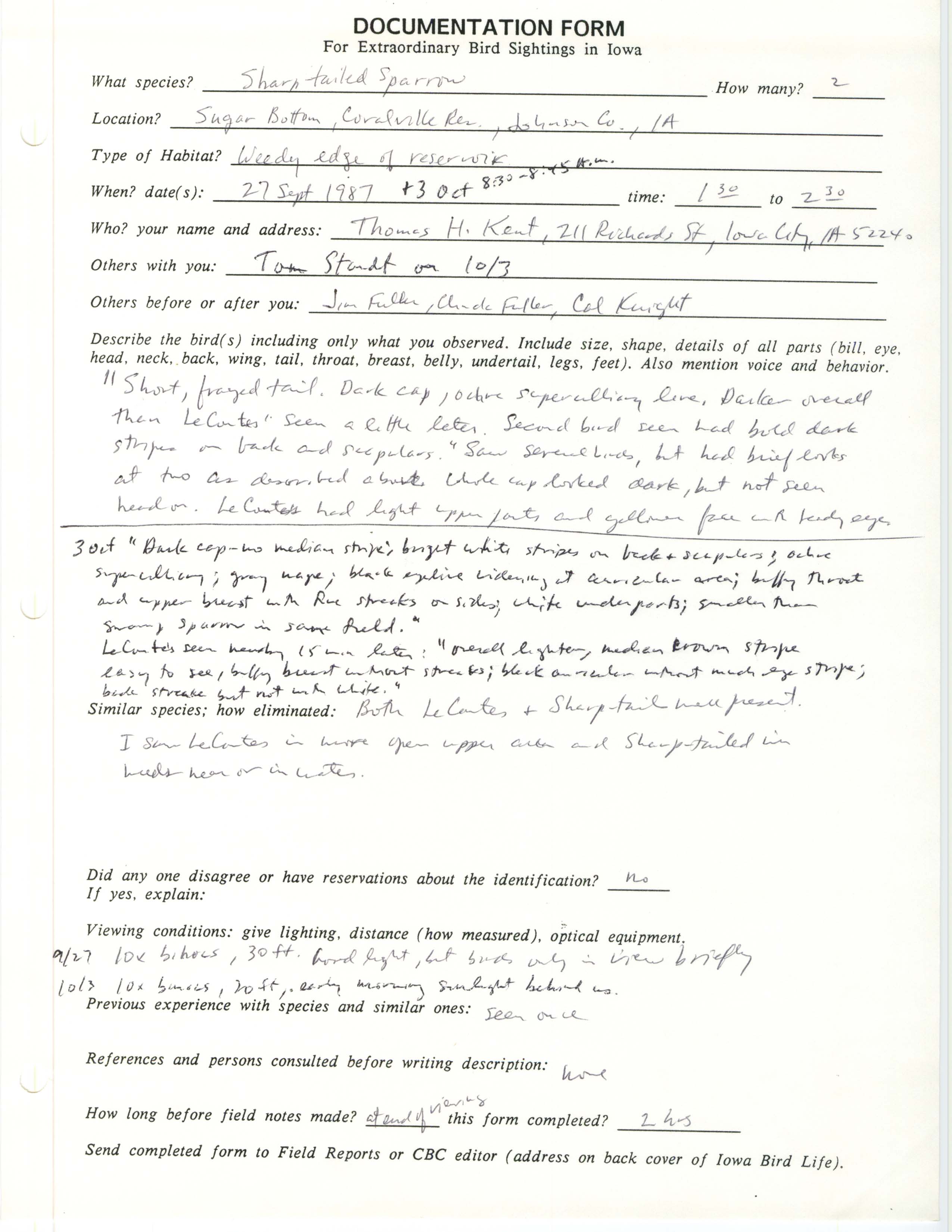 Rare bird documentation form for Sharp-tailed Sparrow at Sugar Bottom Recreation Area at Coralville Reservoir in 1987