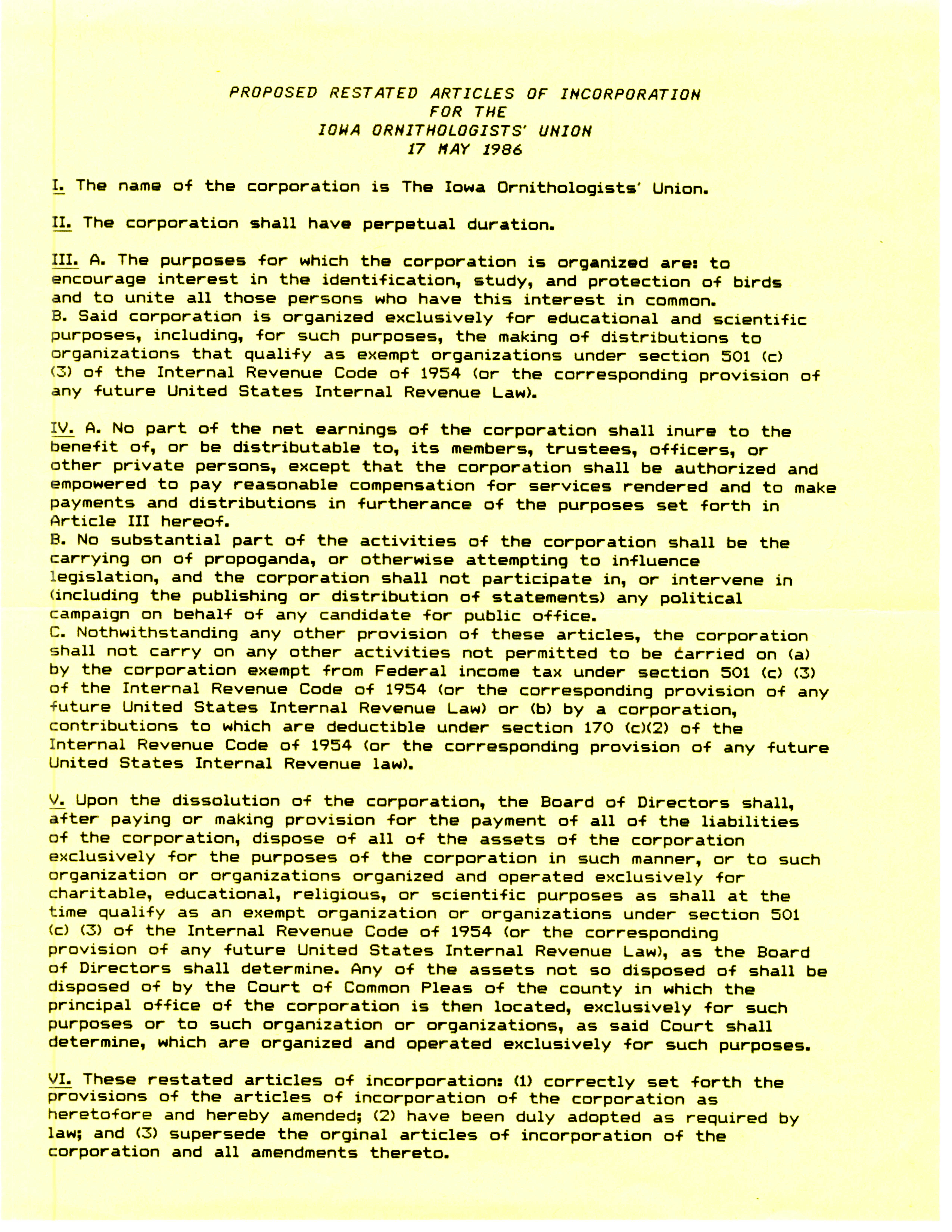 Proposed Restated Articles of Incorporation for the Iowa Ornithologists' Union, May 17, 1986