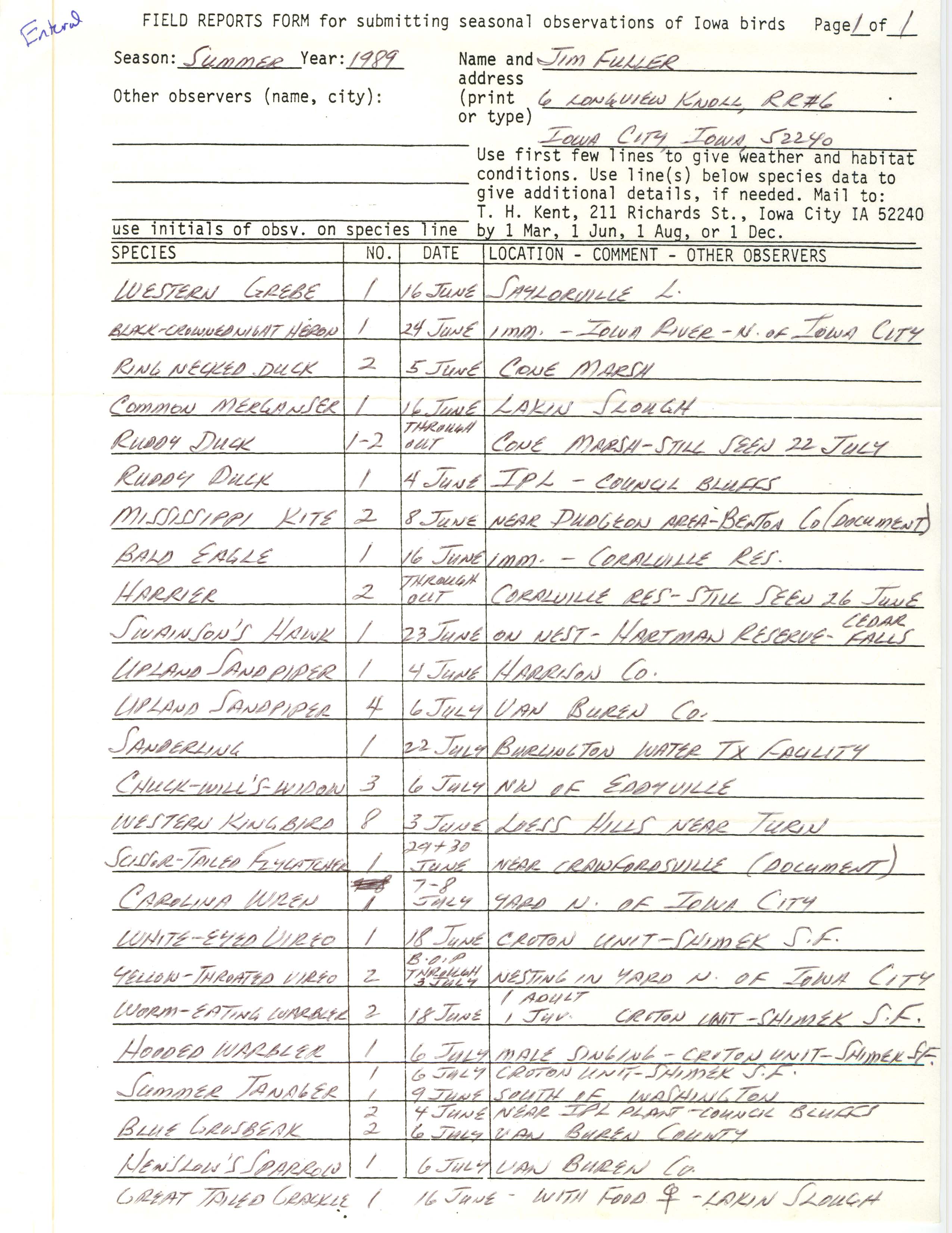 Field reports form for submitting seasonal observations of Iowa birds, James L. Fuller, summer 1989