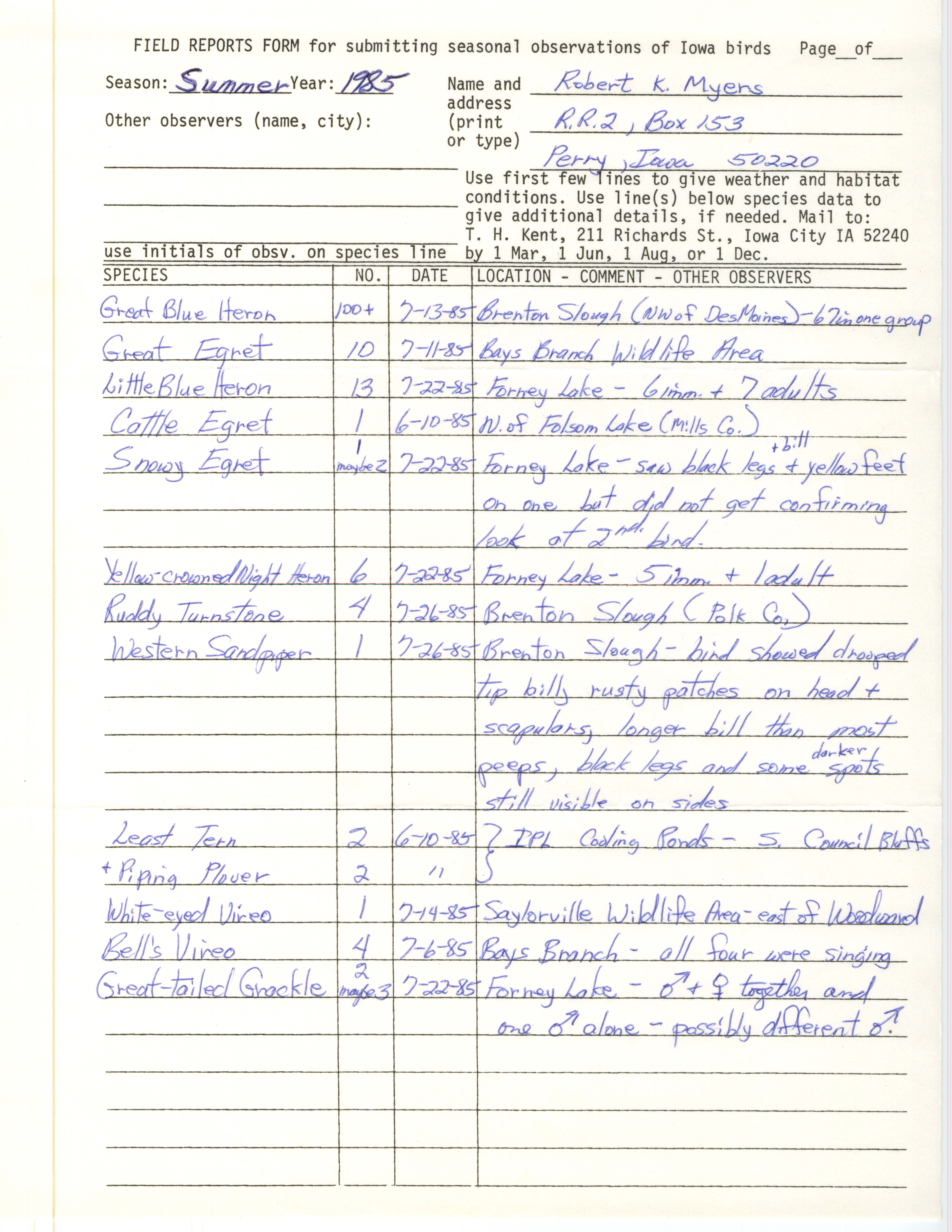 Field reports form for submitting seasonal observations of Iowa birds, Robert K. Myers, summer 1985