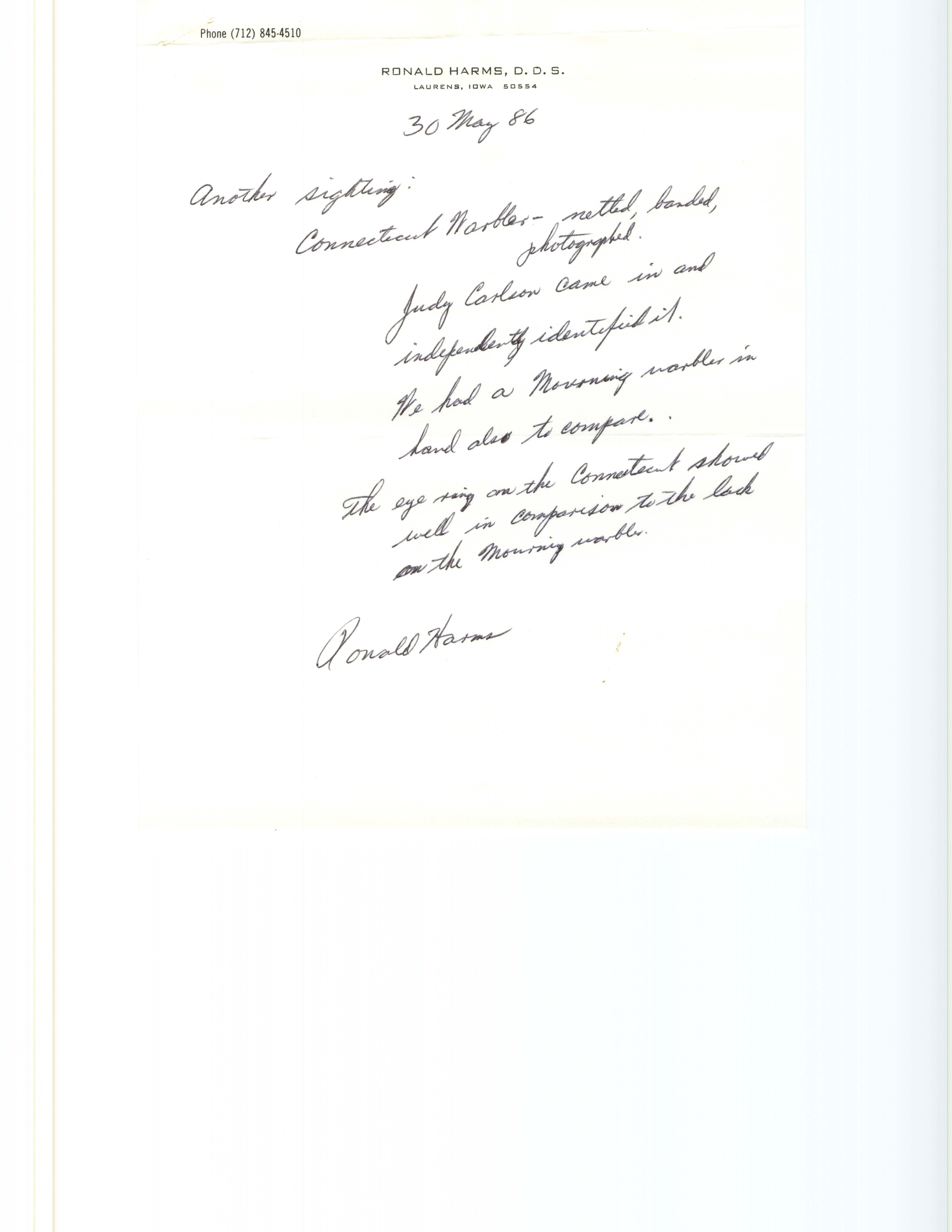 Ronald Harms letter to Robert Myers regarding Connecticut Warbler, May 30, 1986