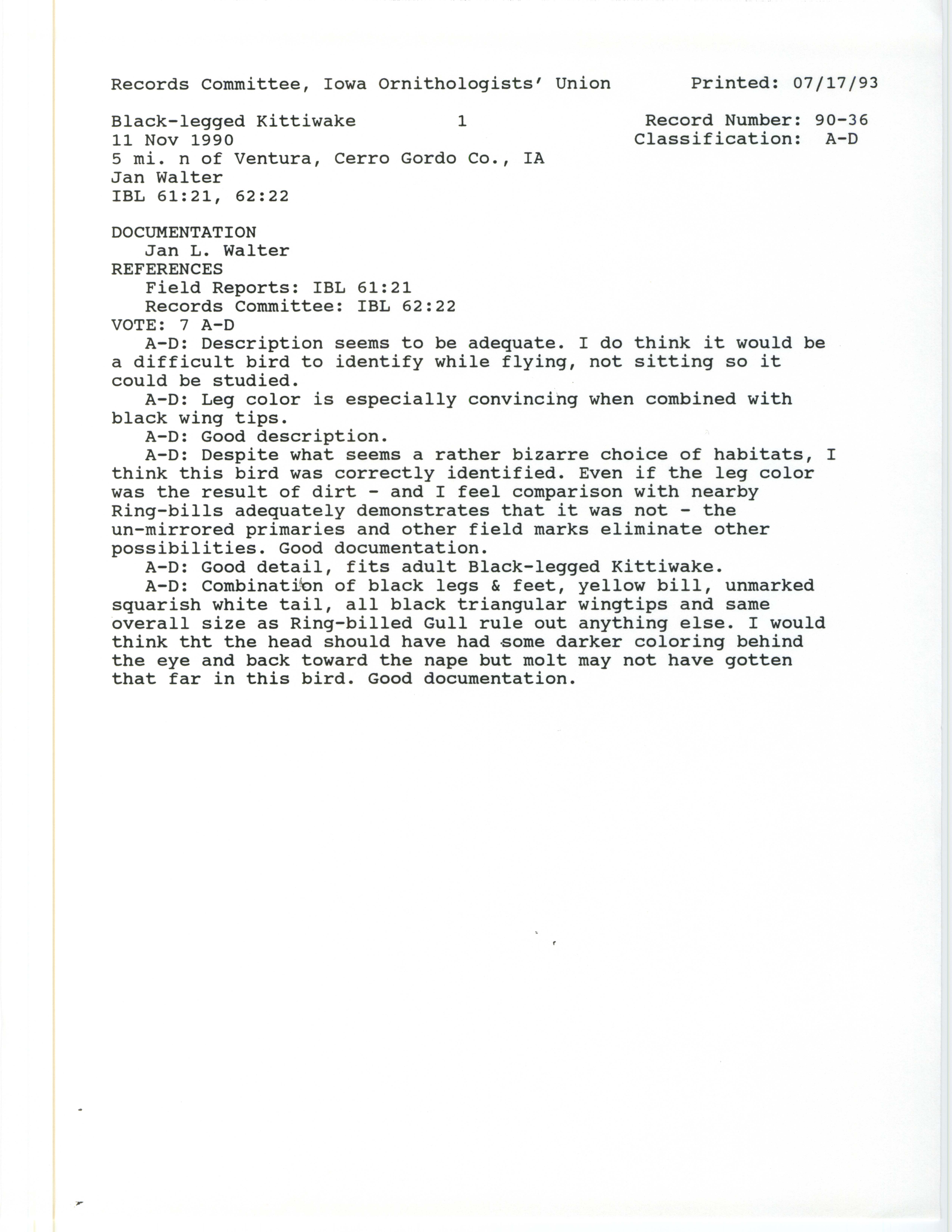 Records Committee review for rare bird sighting of Black-legged Kittiwake north of Ventura, 1990