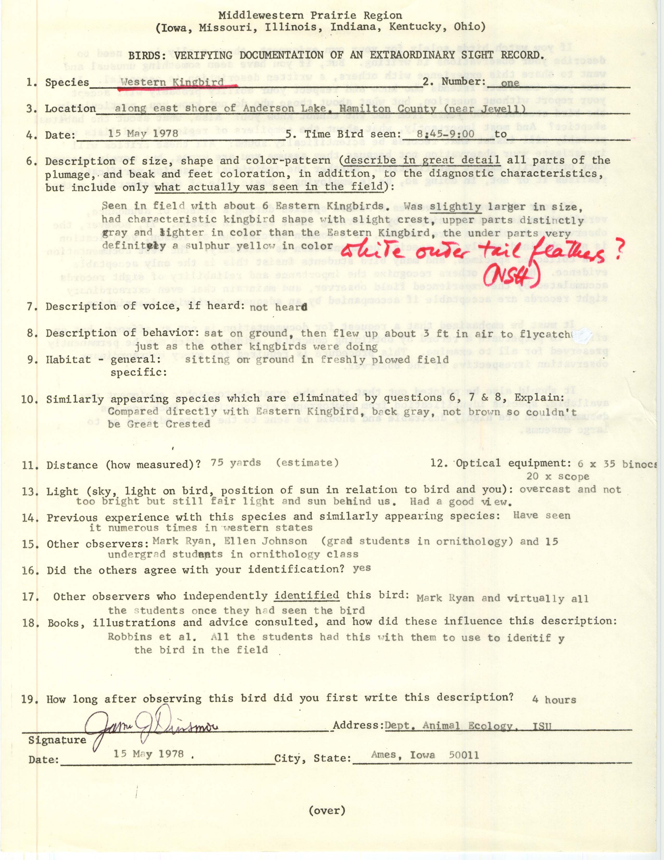 Rare bird documentation form for Western Kingbird at Anderson Goose Lake, 1978