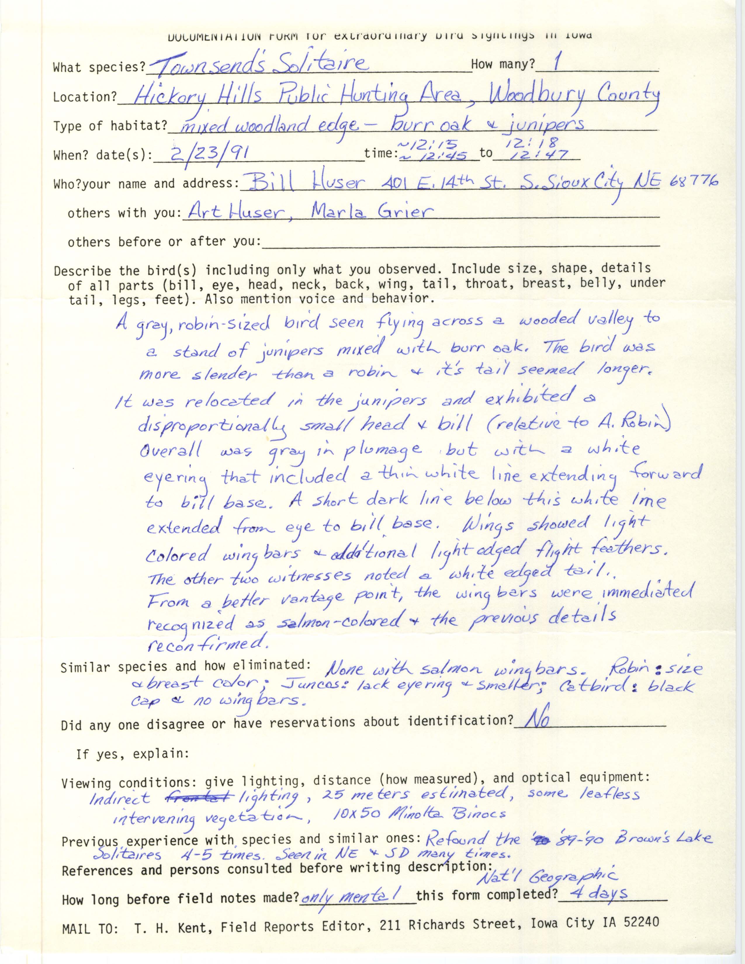 Rare bird documentation form for Townsend's Solitaire at Shagbark Hills, 1991