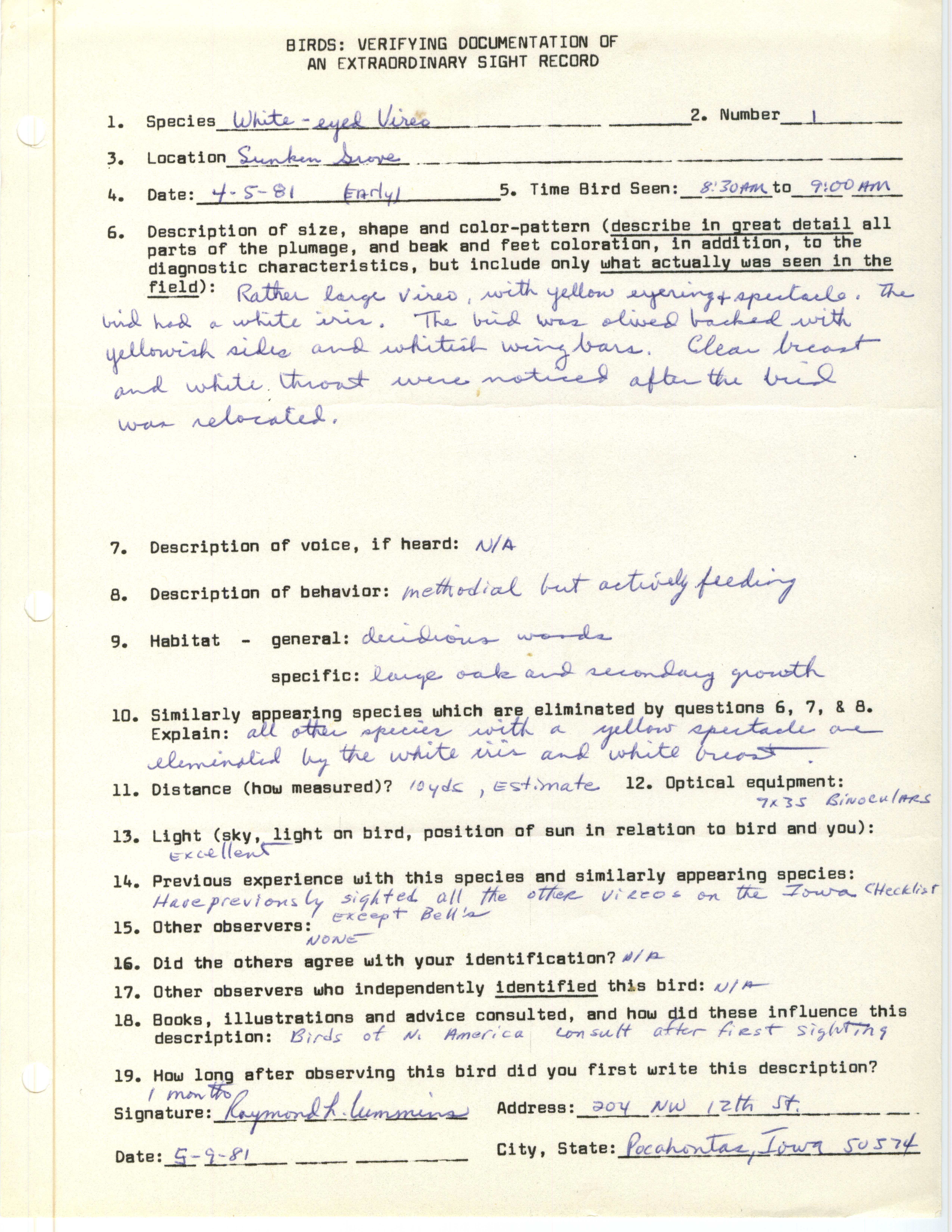 Birds: verifying documentation of an extraordinary sight record submitted by Raymond Cummins, April 5 1981