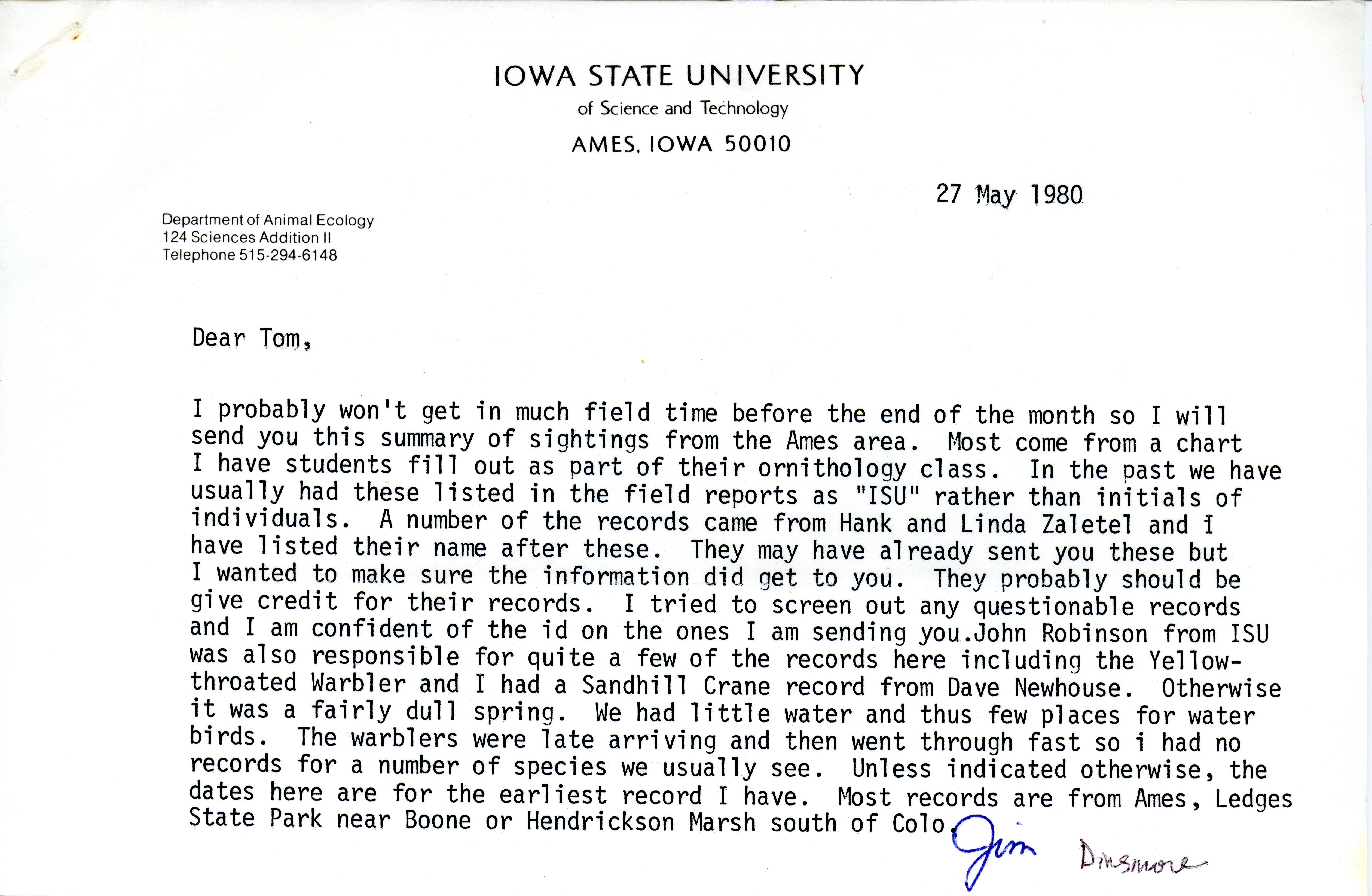 James J. Dinsmore letter to Thomas H. Kent regarding bird sightings, May 27, 1980