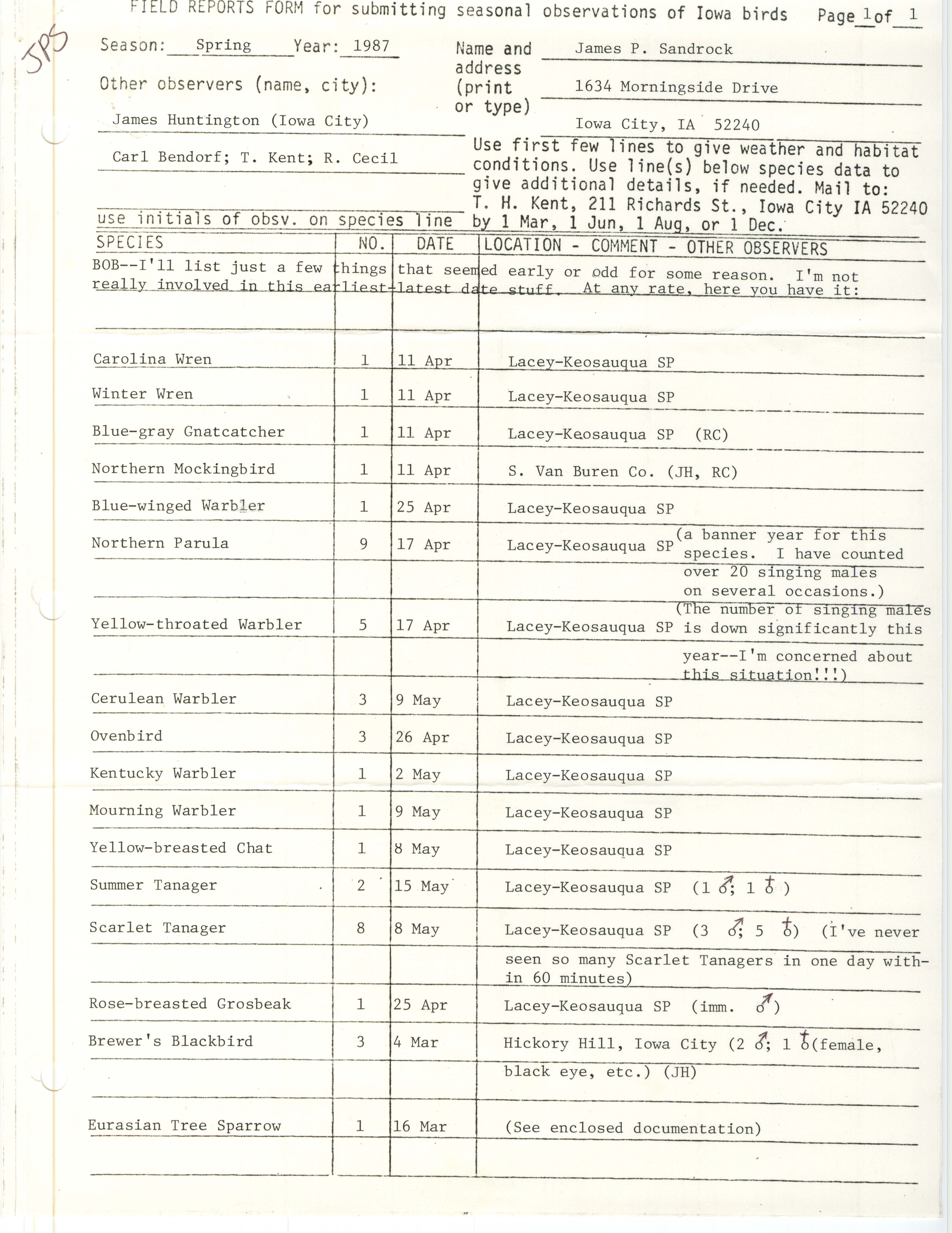 Field reports form for submitting seasonal observations of Iowa birds, James P. Sandrock, spring 1987