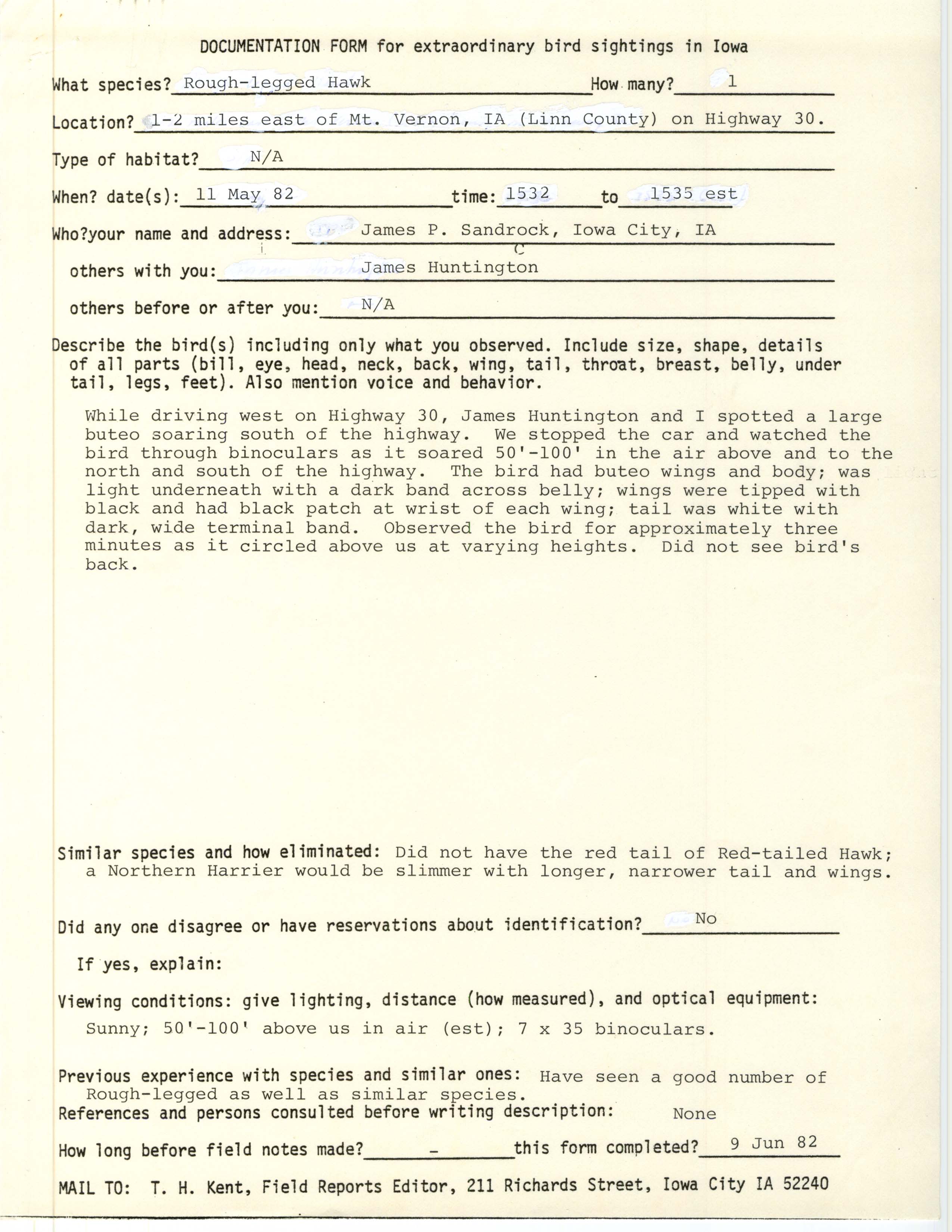 Rare bird documentation form for Rough-legged Hawk east of Mount Vernon, 1982