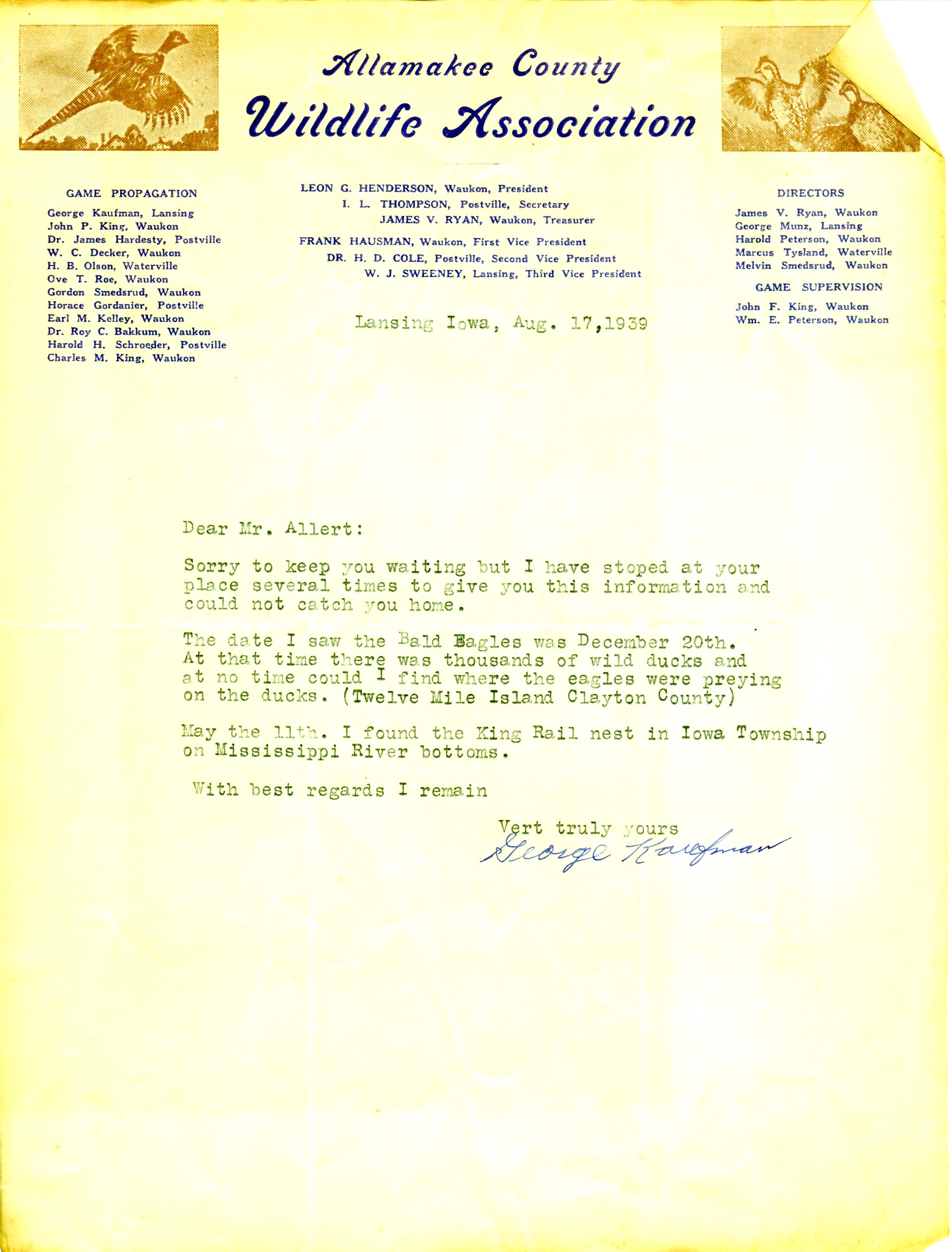 George Kaufman letter to Oscar Allert regarding Bald Eagle and King Rail sightings, August 17, 1939