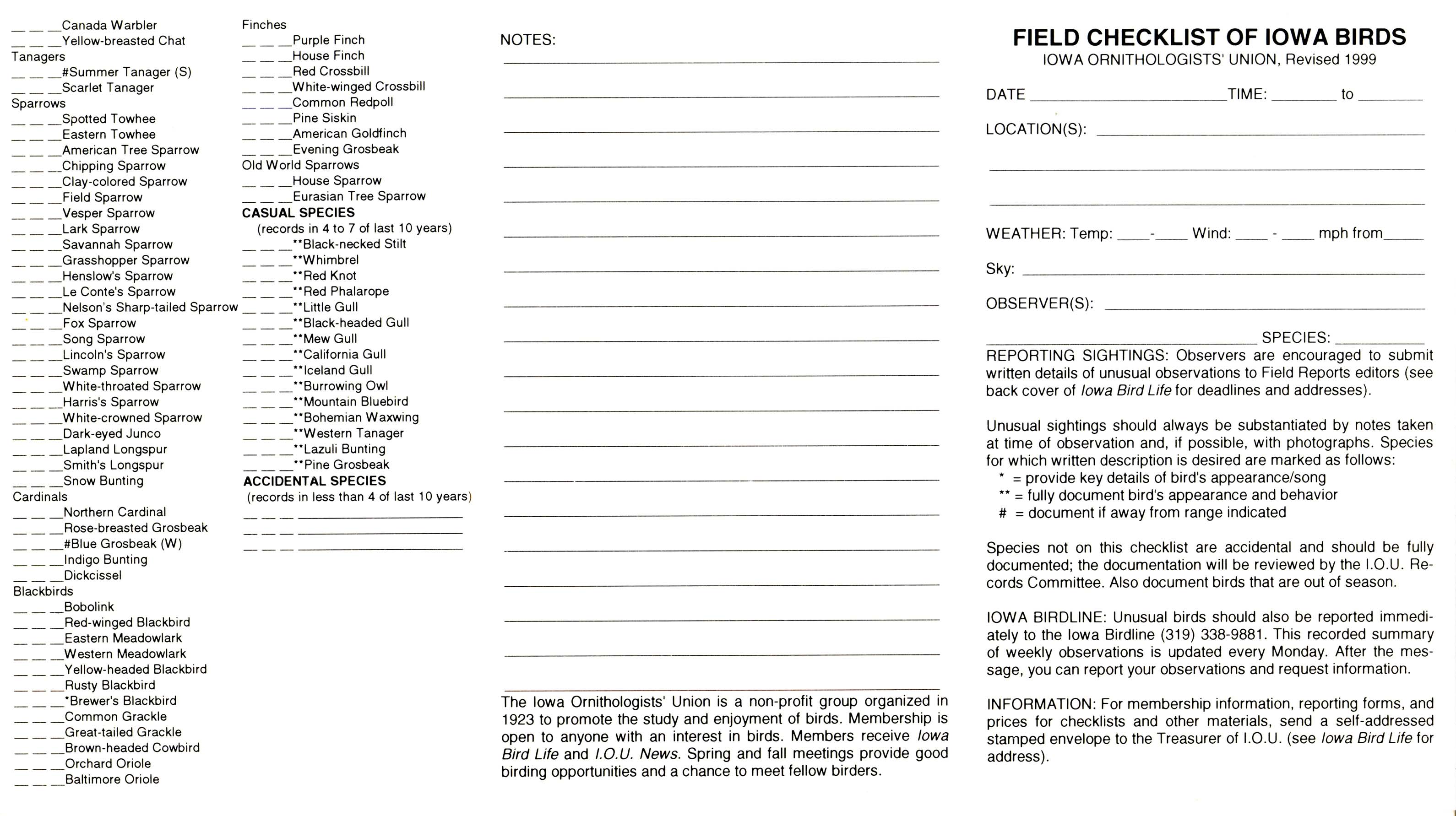 Field checklist of Iowa birds, revised 1999