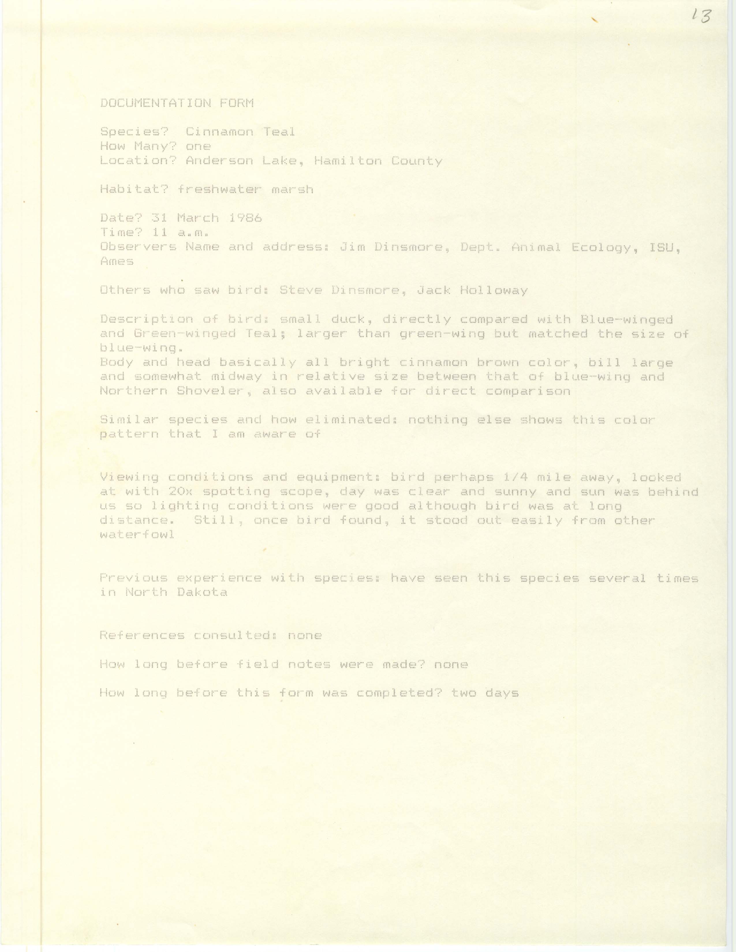 Rare bird documentation form for Cinnamon Teal at Anderson Lake, 1986